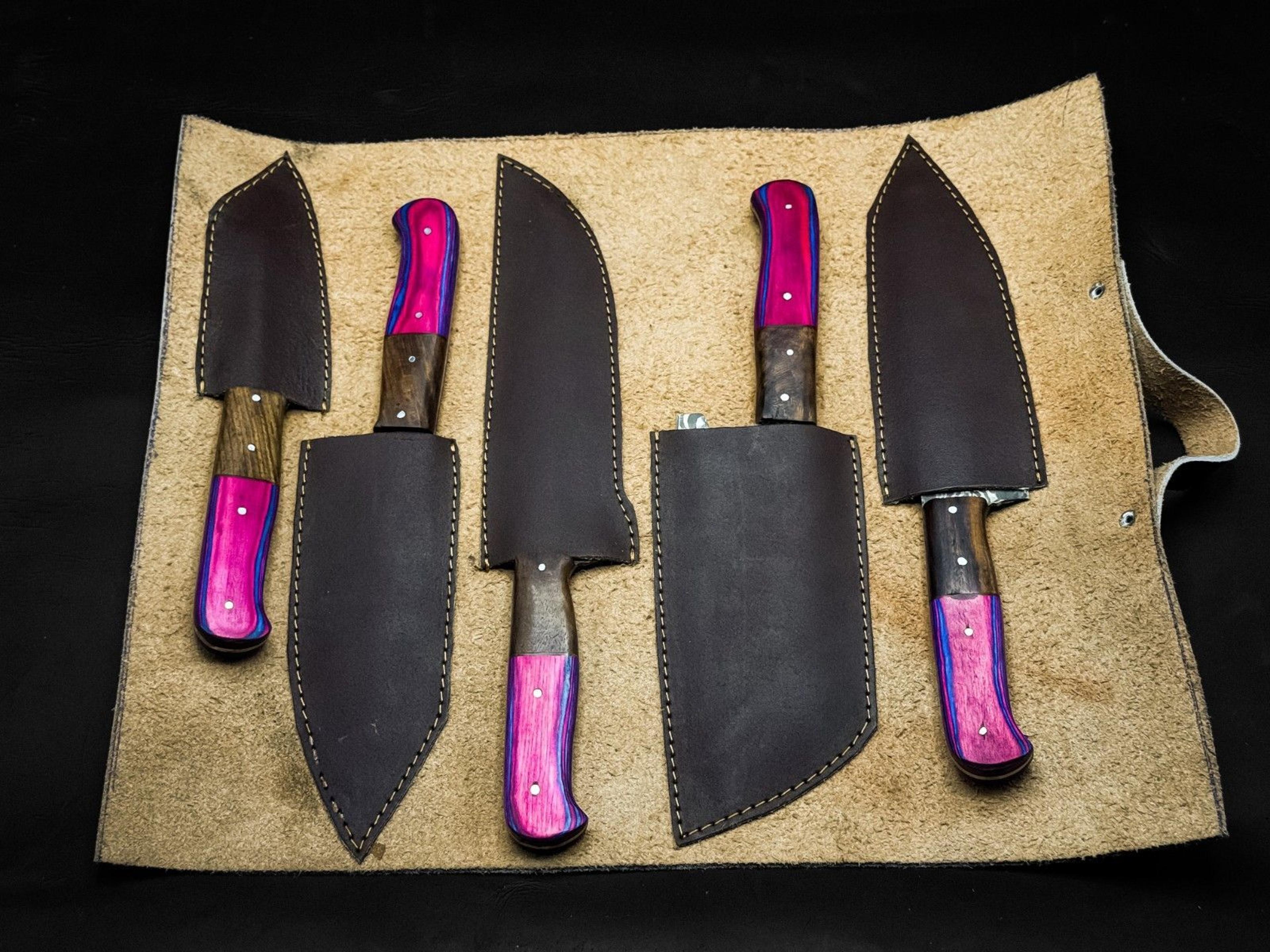 Handmade Twist Damascus Chef Knife Set Of 5 With Hardwood Handles Wooden Bolsters 2