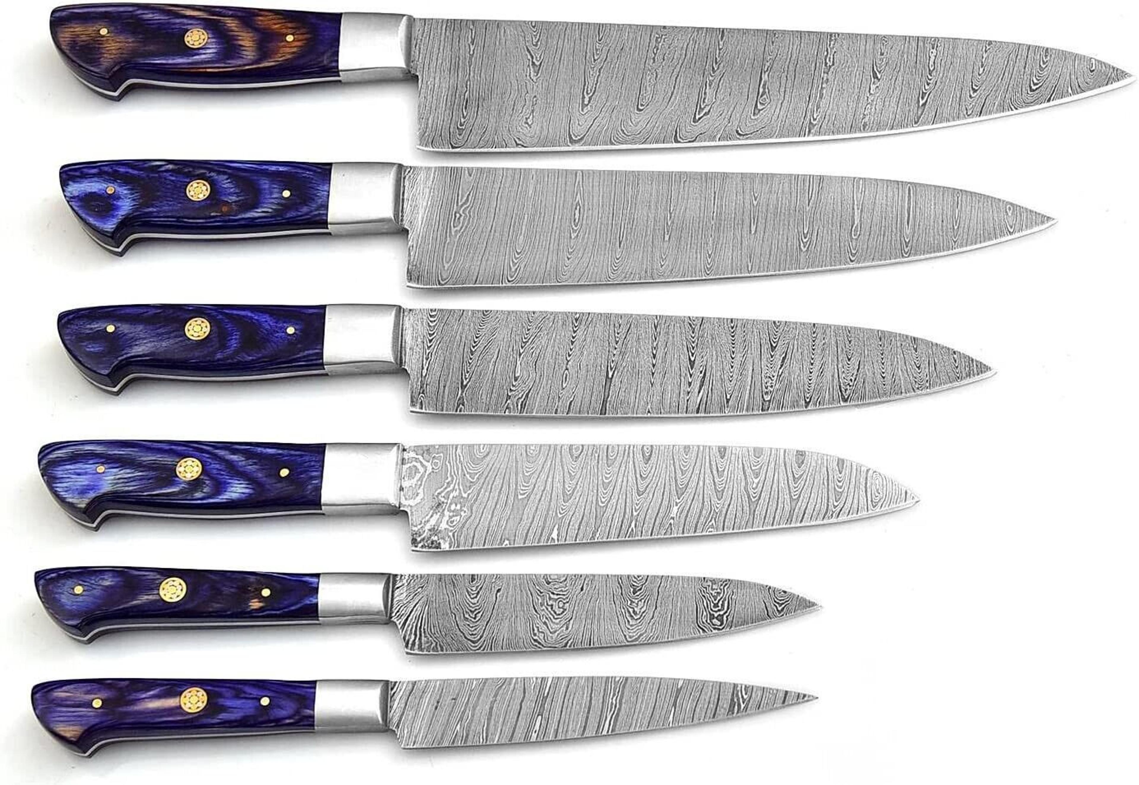 Custom Handmade Damascus Steel Kitchen Chef Knife Set  6Piece With Leather Roll  Purple Wood Handle 1