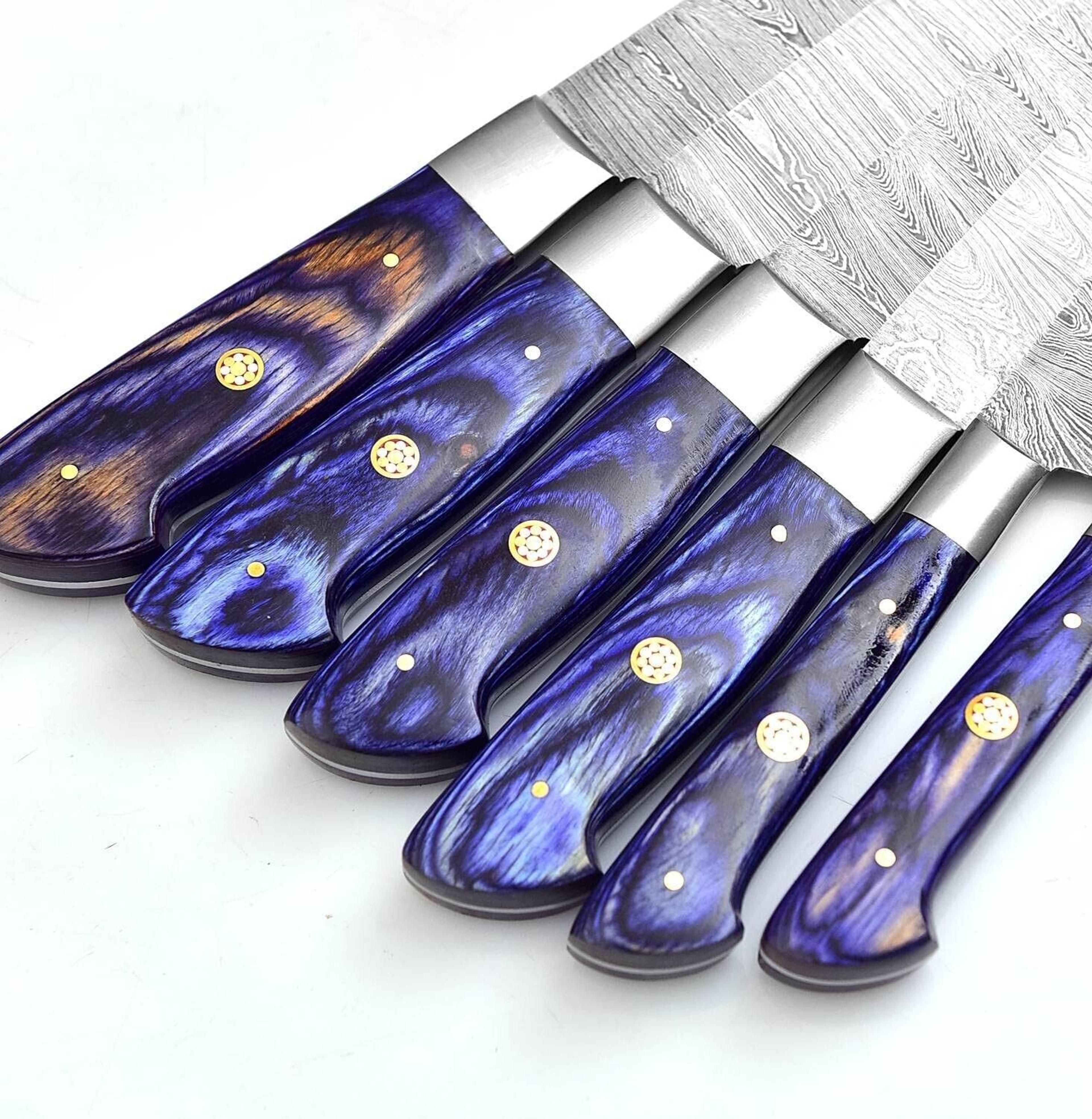 Custom Handmade Damascus Steel Kitchen Chef Knife Set  6Piece With Leather Roll  Purple Wood Handle 2