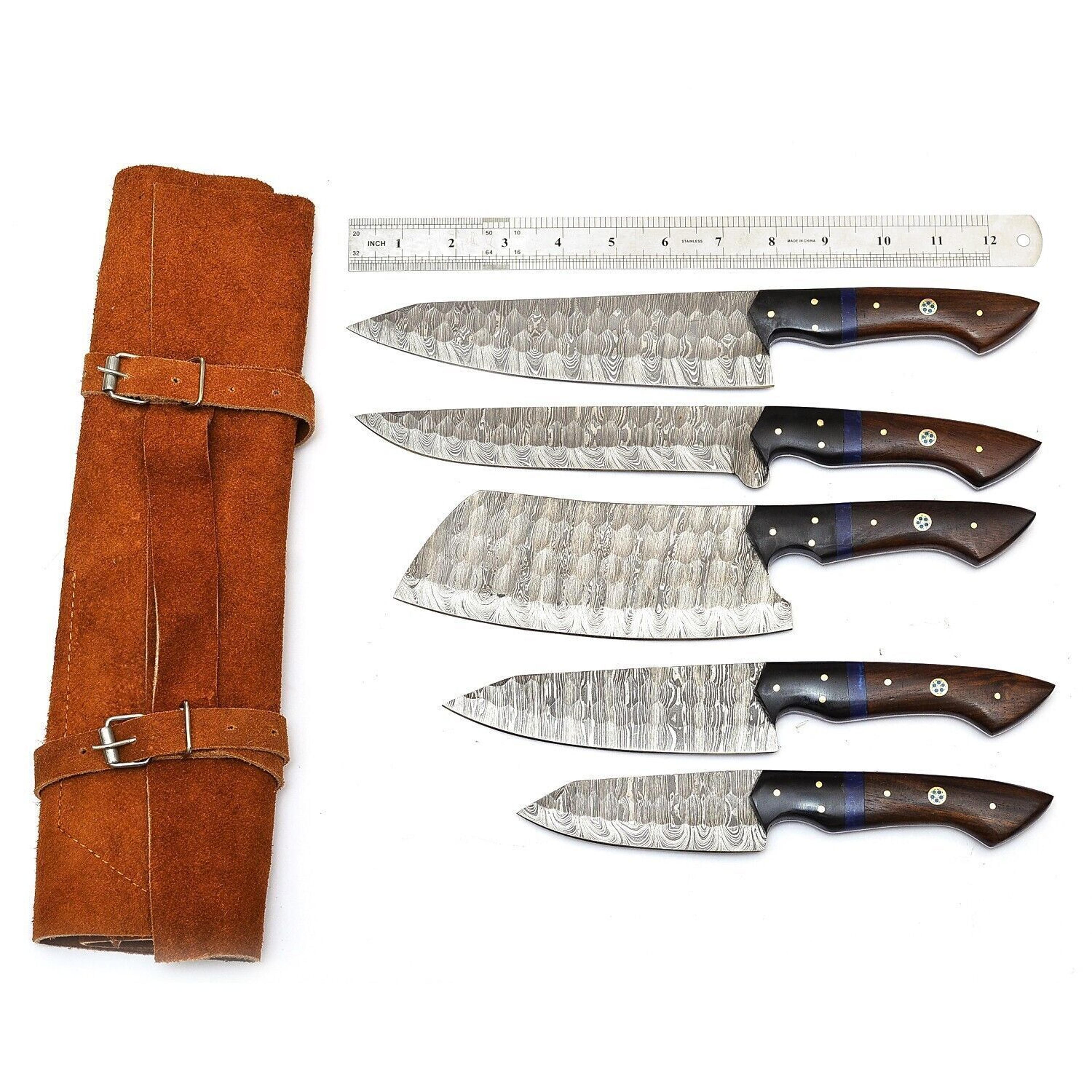 Handmade Damascus Steel 5Piece Chef Knife Set  Outdoor Kitchen Knives With Rosewood  Horn Bolsters 2