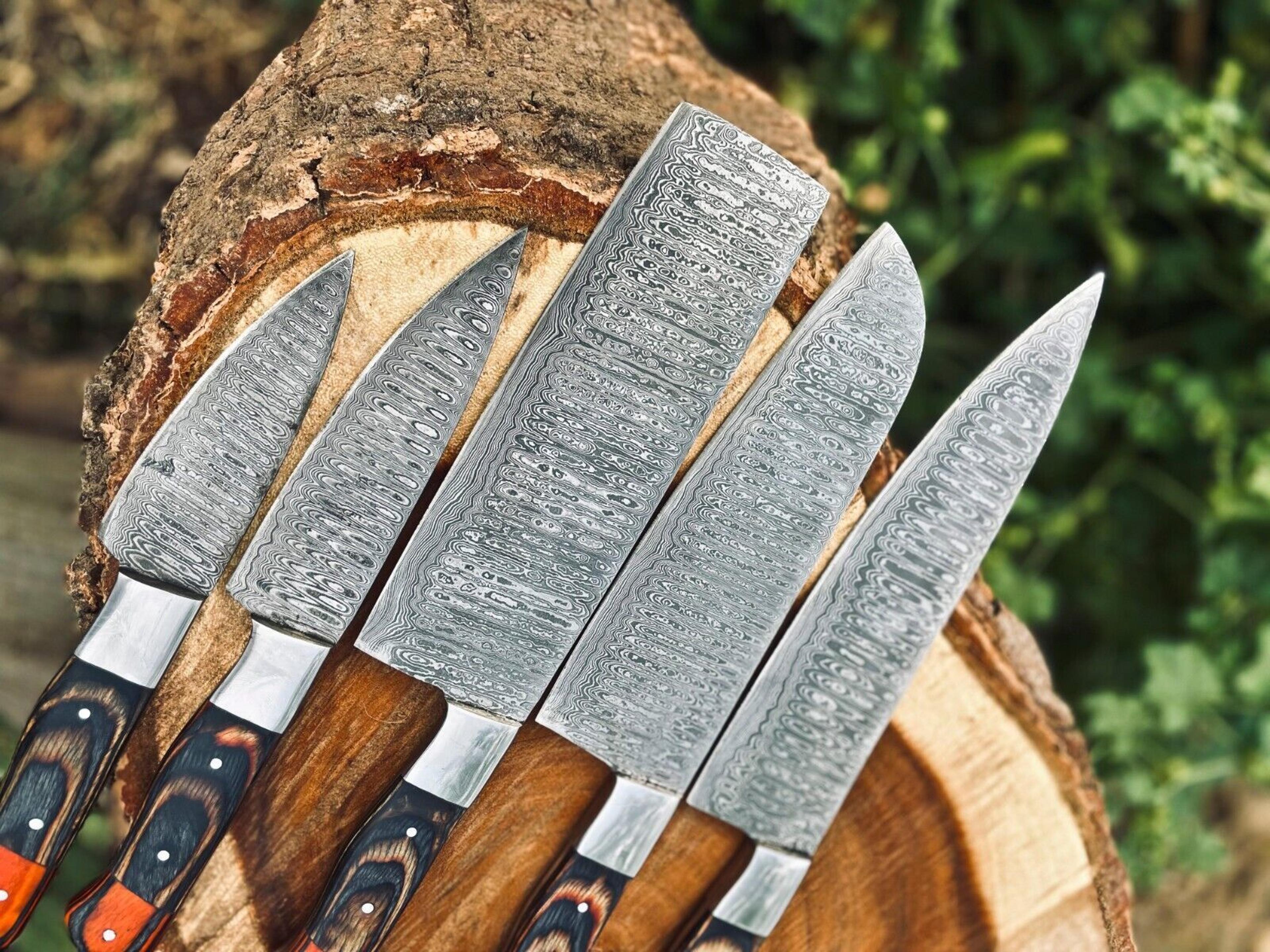 Custom Handmade Damascus Steel Kitchen Chef Knife Set With Wood Handles  Leather Roll Bag  5Piece H 1