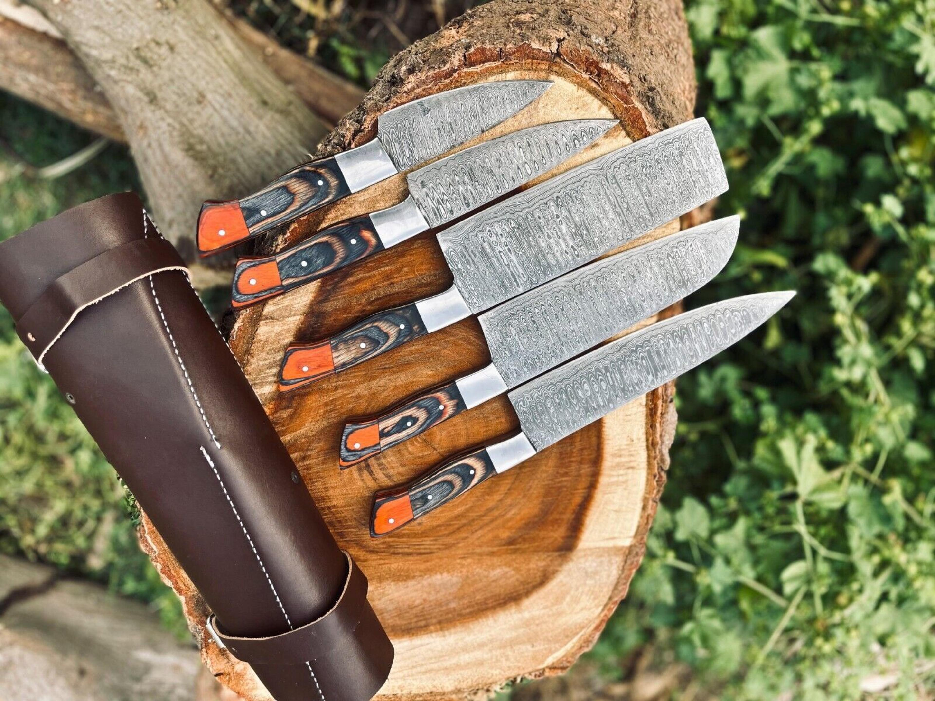 Custom Handmade Damascus Steel Kitchen Chef Knife Set With Wood Handles  Leather Roll Bag  5Piece H 2