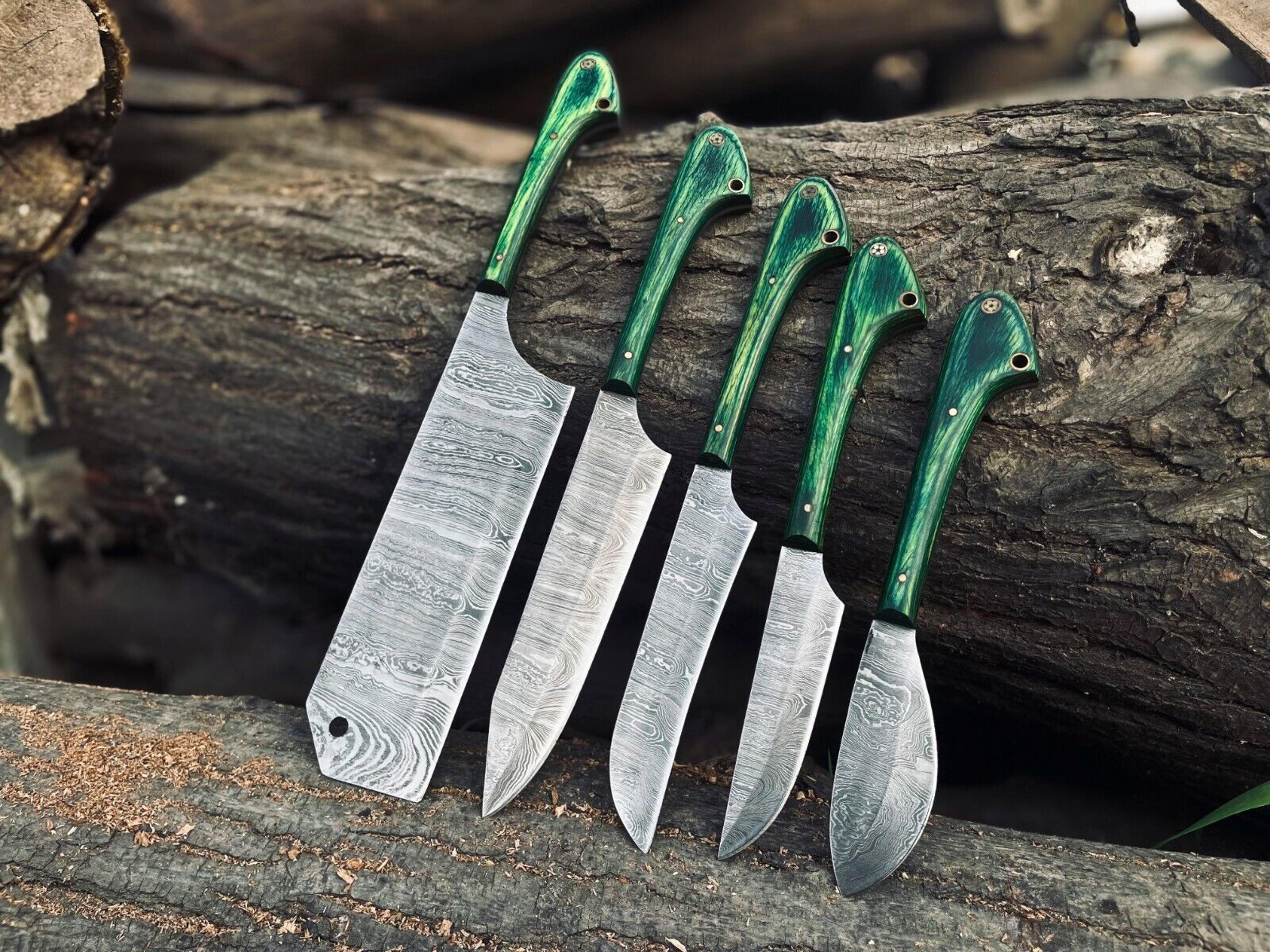 Custom Handmade Damascus Steel Kitchen Chef Knife Set With Wood Handles  Leather Roll Bag 2
