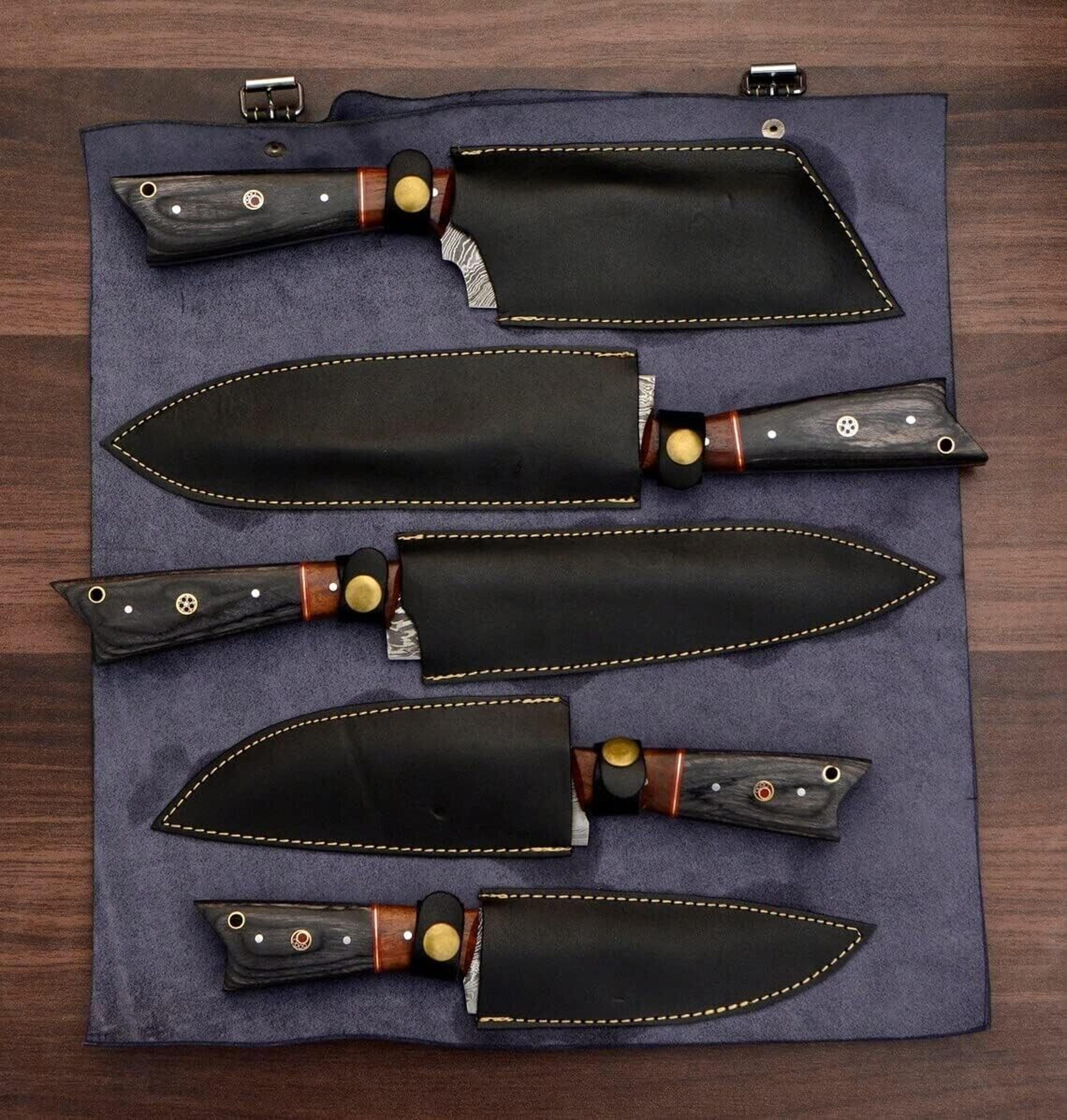 Set Of 5 Handmade Damascus Steel Chef Knives  Custom Hand Forged Kitchen Knife Set With Leather Rol 2