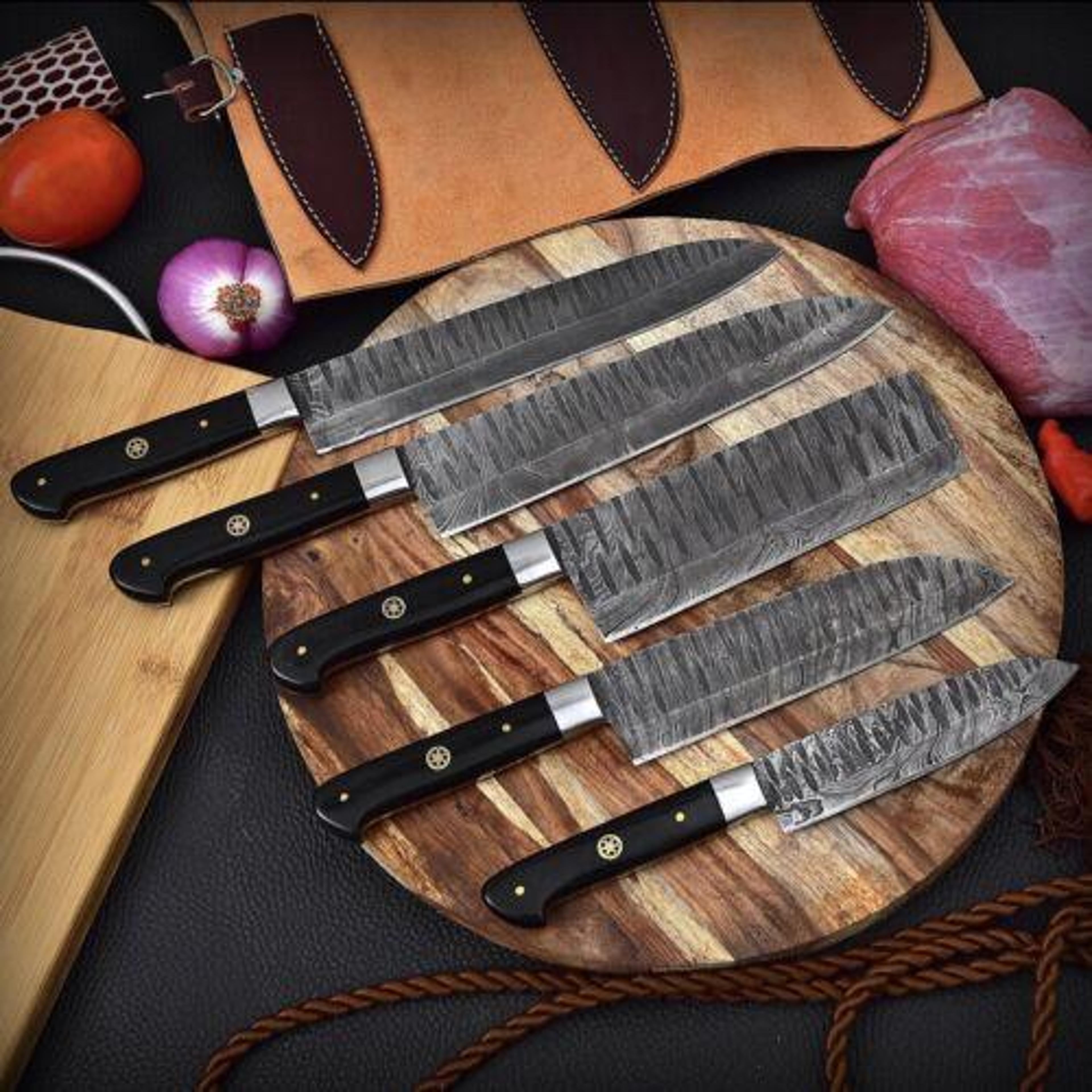 Custom Handmade Forged Damascus 5Piece Kitchen Chef Knife Set With Sheath 1