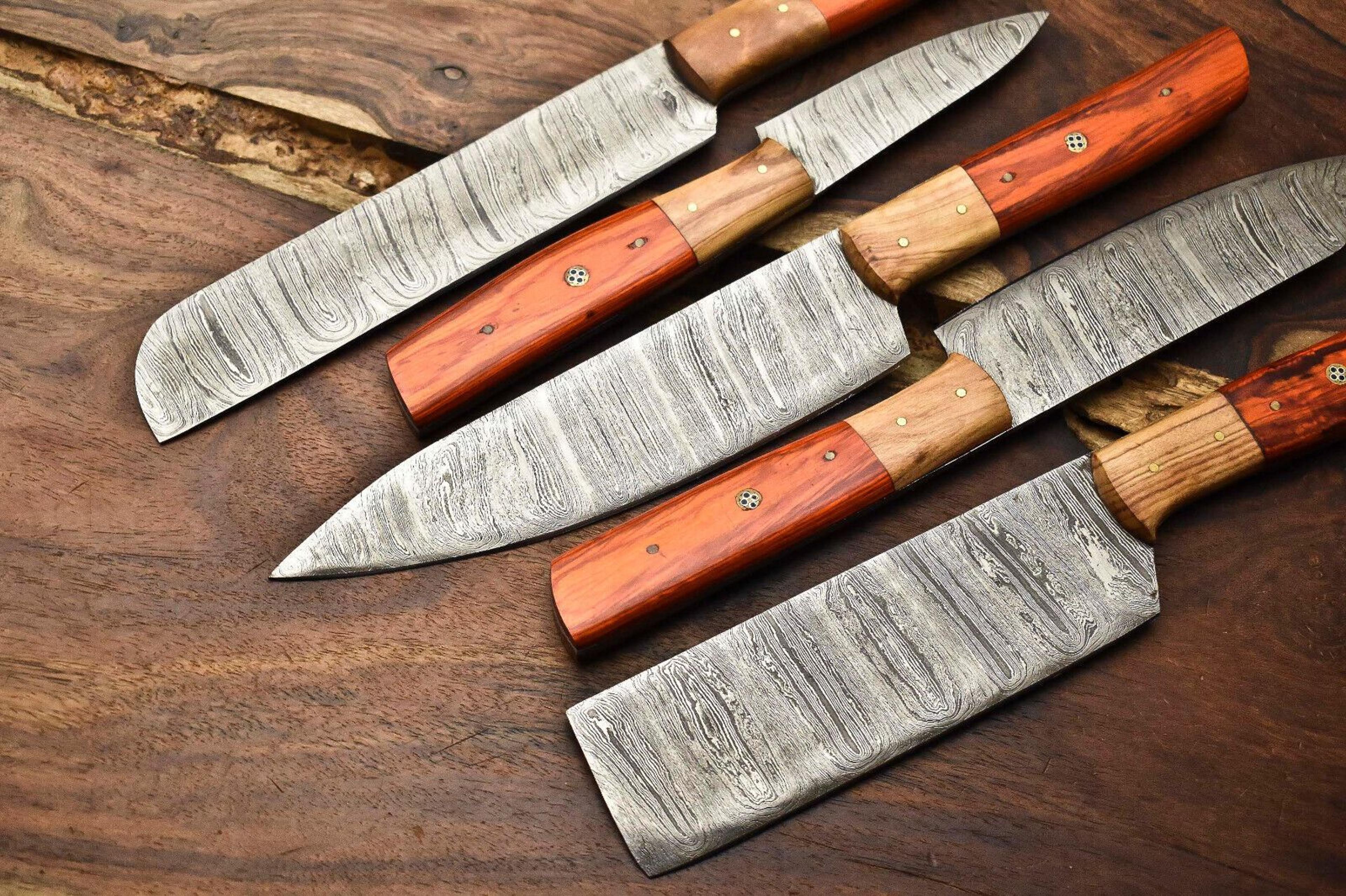 Lot Of 5 Handmade Damascus Steel Chef Knife Set With Leather Sheath  Custom Hammered Kitchen Knives 2