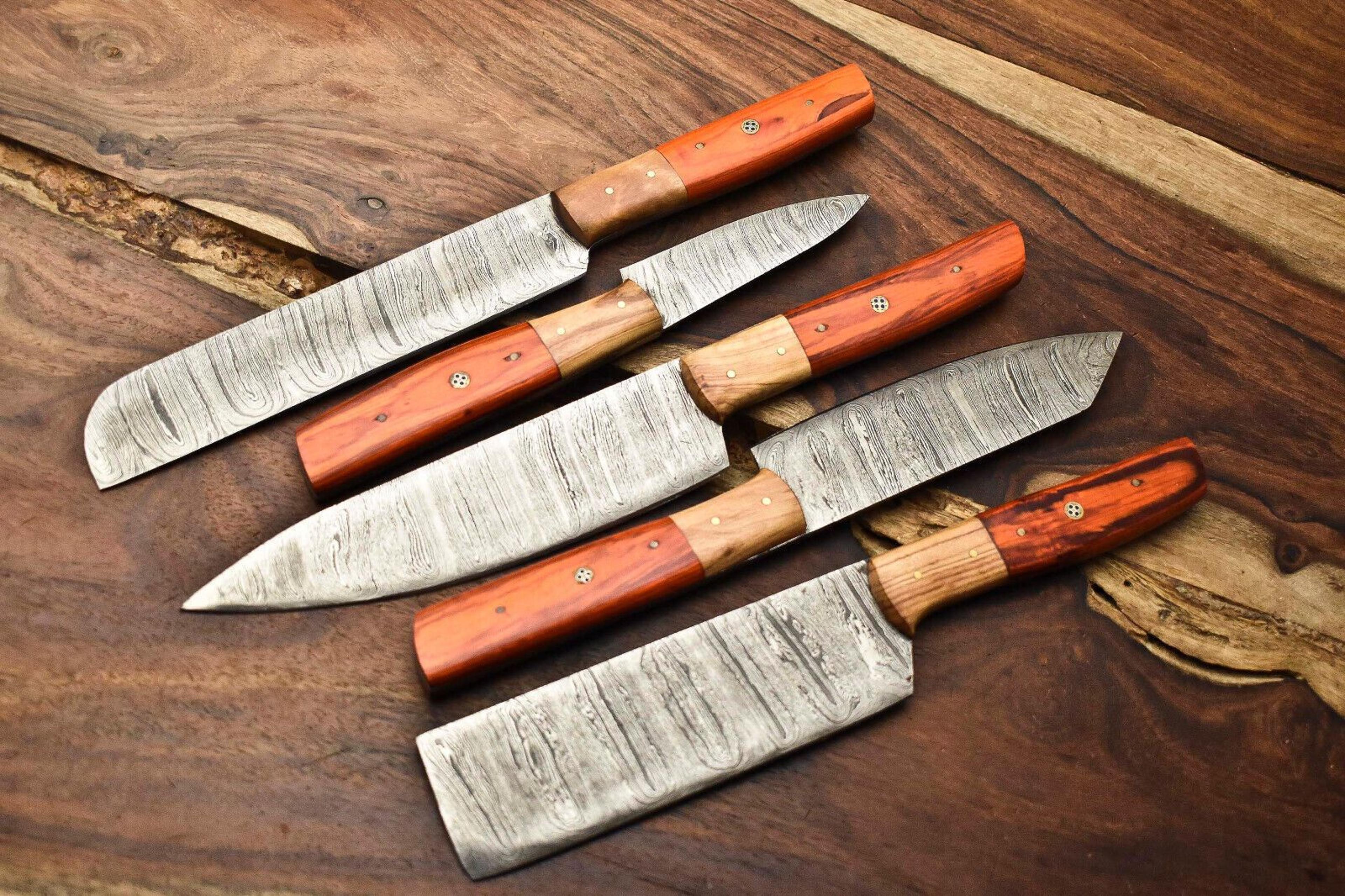 Lot Of 5 Handmade Damascus Steel Chef Knife Set With Leather Sheath  Custom Hammered Kitchen Knives 3