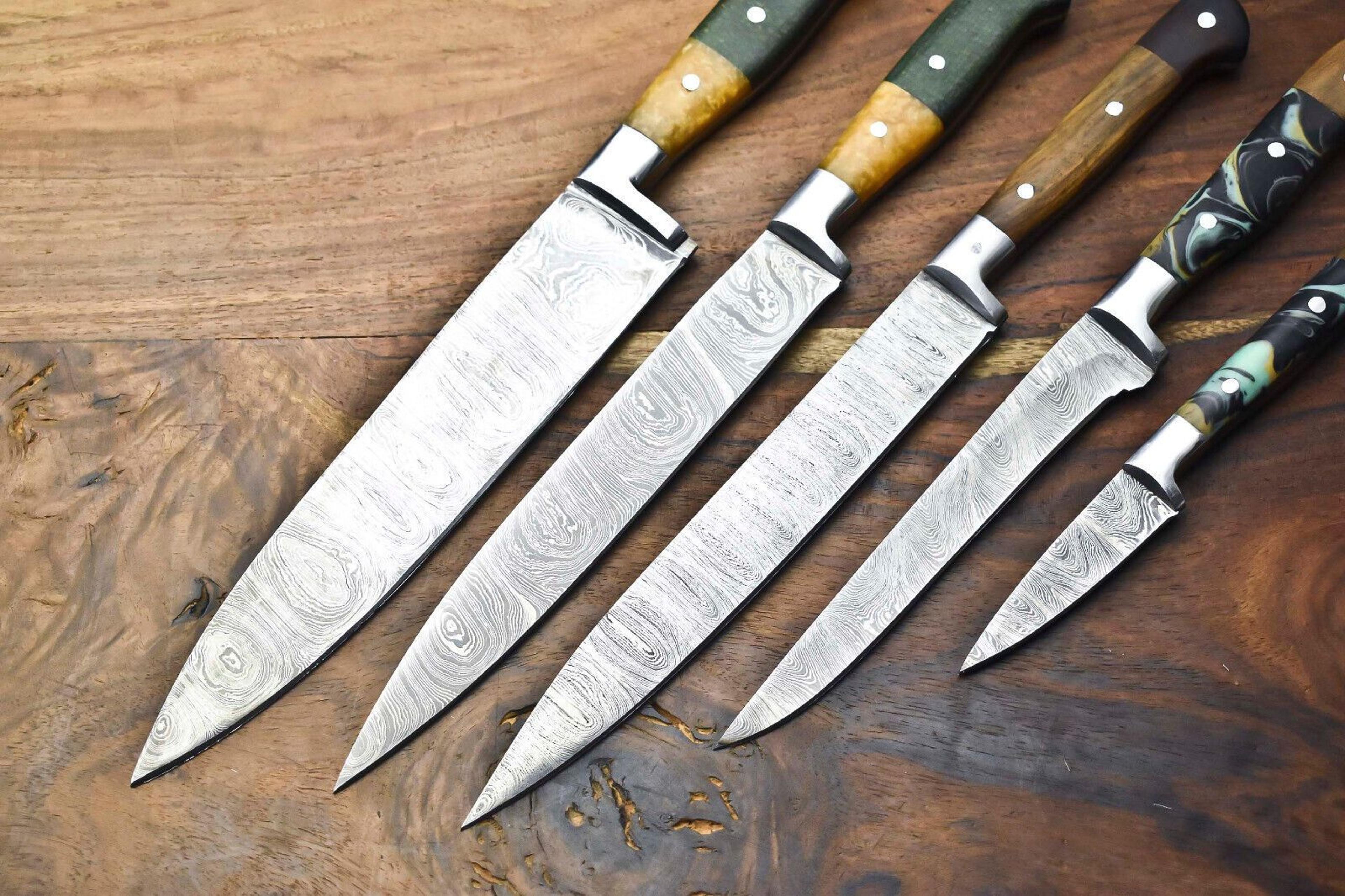 Custom Lot Of 5 Handmade Damascus Steel Chef Knives  Hammered Kitchen Knife Set 2