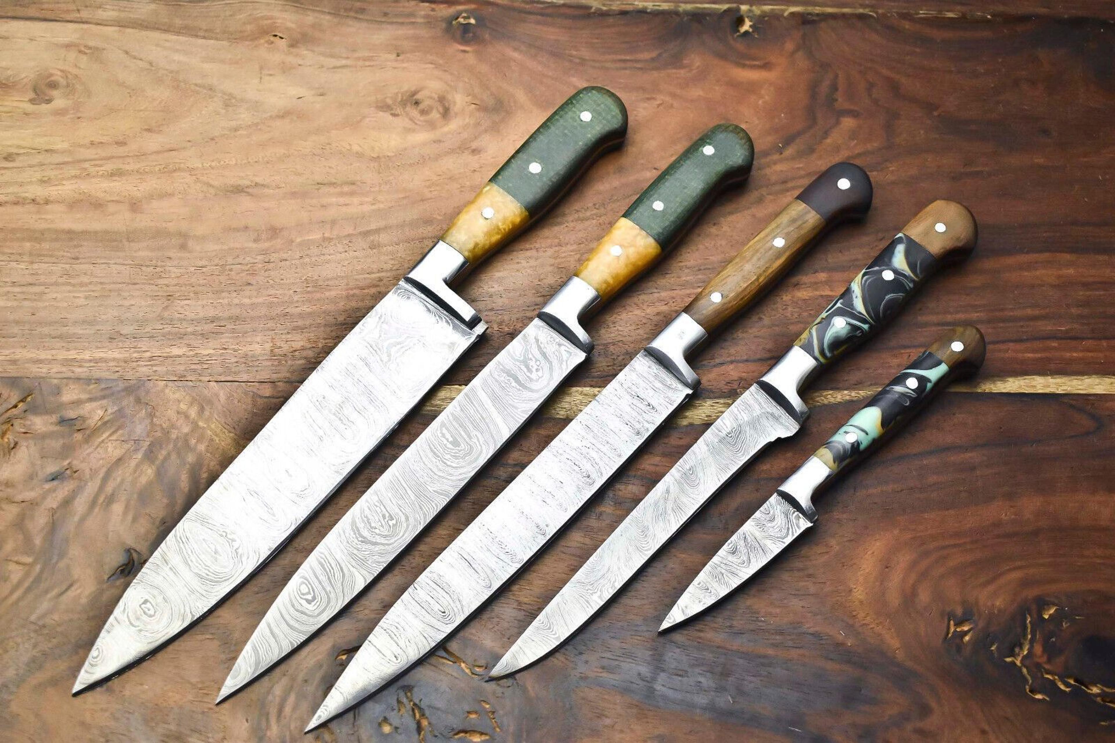 Custom Lot Of 5 Handmade Damascus Steel Chef Knives  Hammered Kitchen Knife Set 3