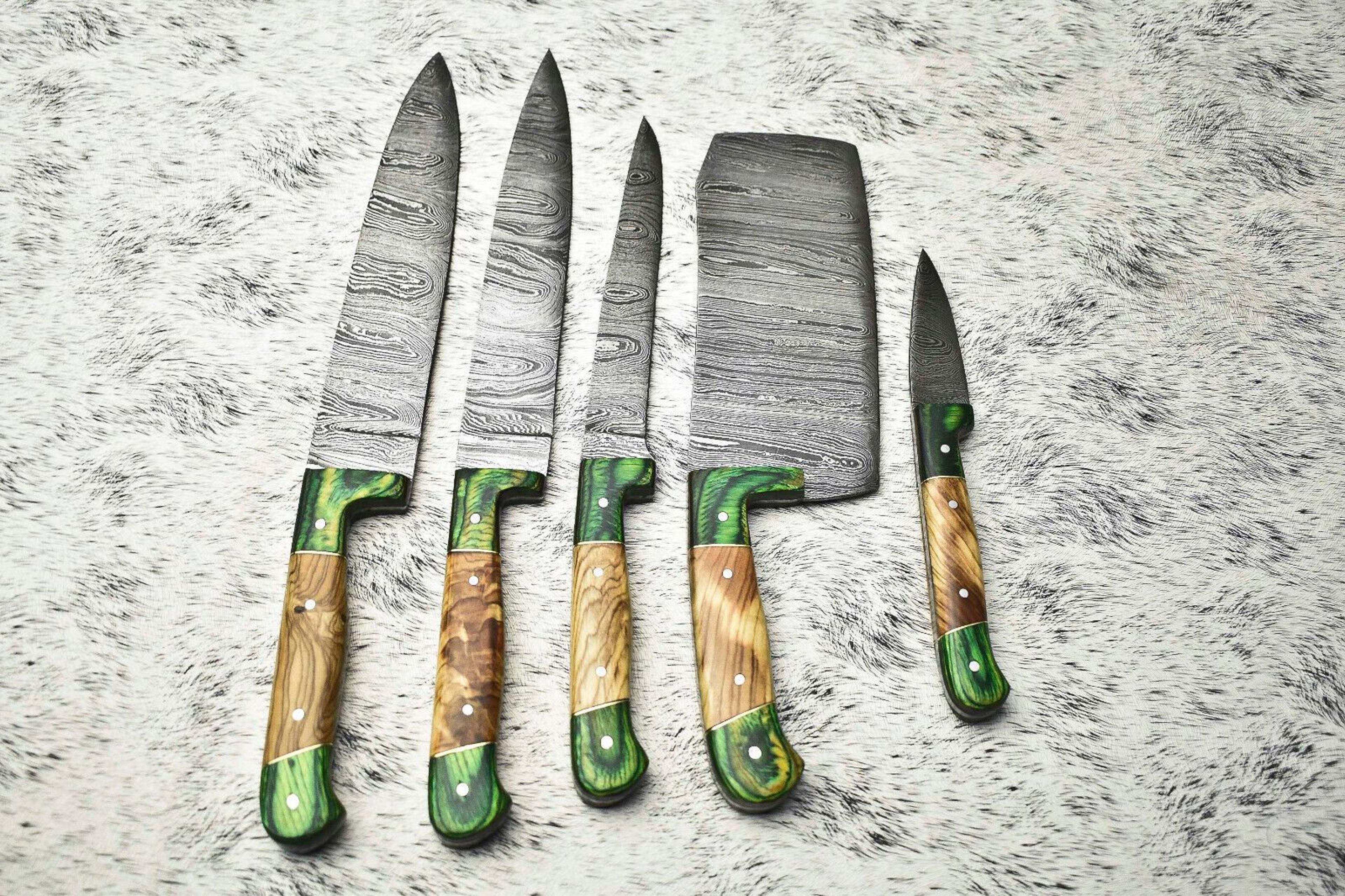 HandForged Lot Of 5 Damascus Steel Chef Knife Set  Custom Handmade Kitchen Knives With Leather Shea