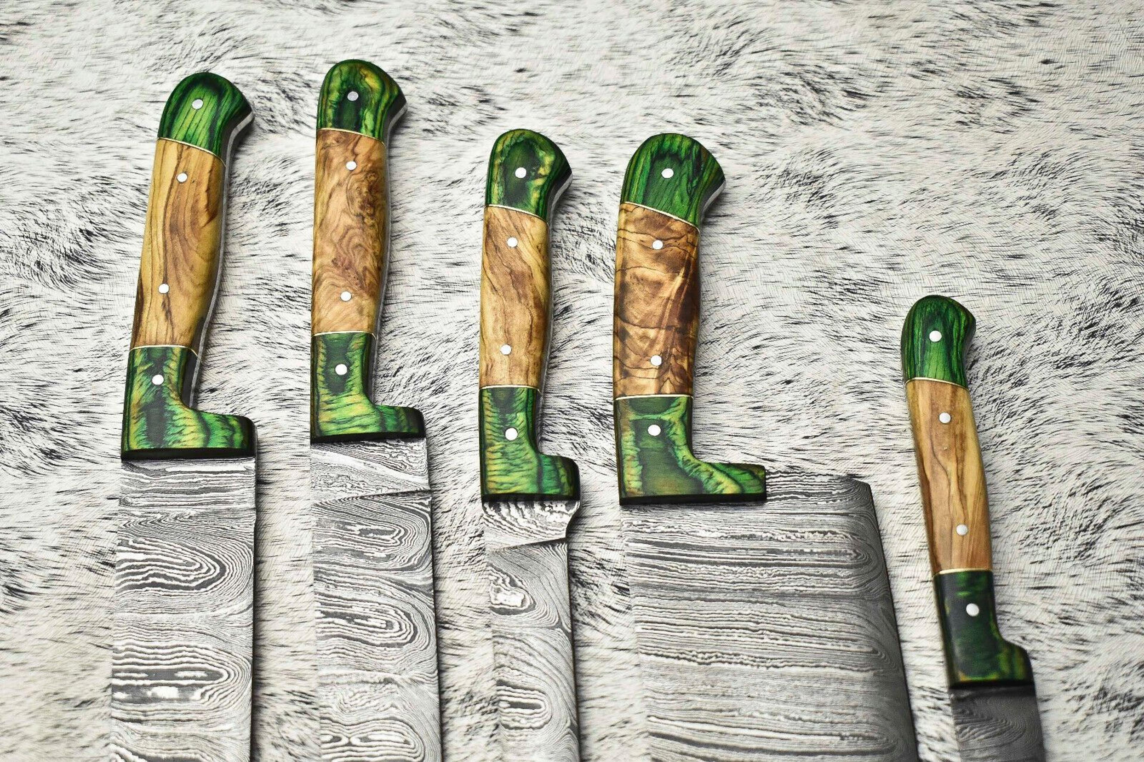 HandForged Lot Of 5 Damascus Steel Chef Knife Set  Custom Handmade Kitchen Knives With Leather Shea