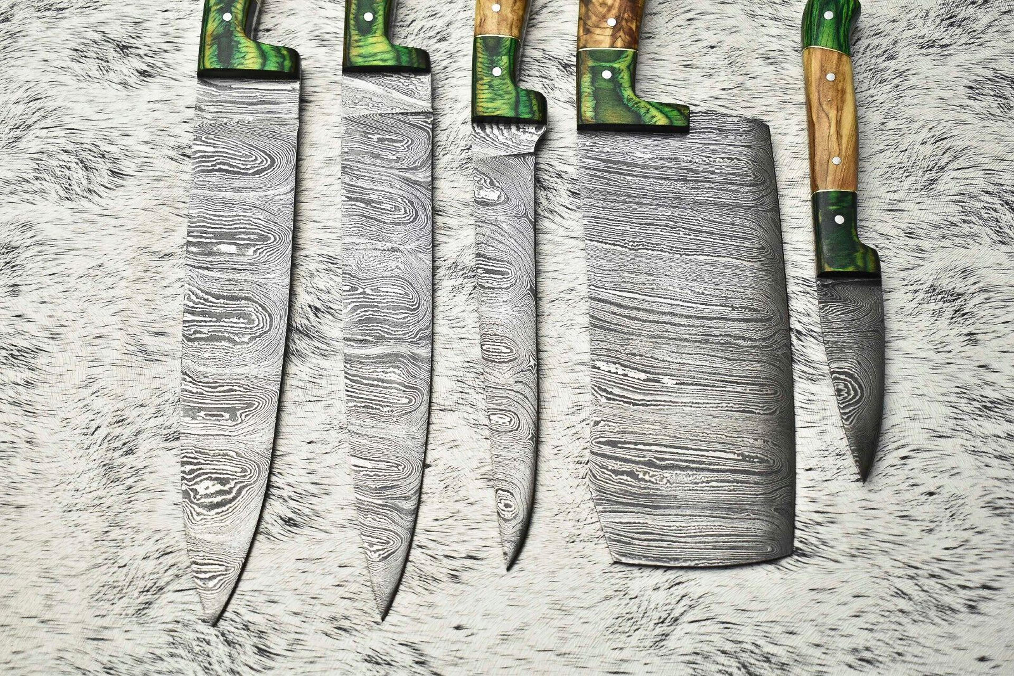 HandForged Lot Of 5 Damascus Steel Chef Knife Set  Custom Handmade Kitchen Knives With Leather Shea