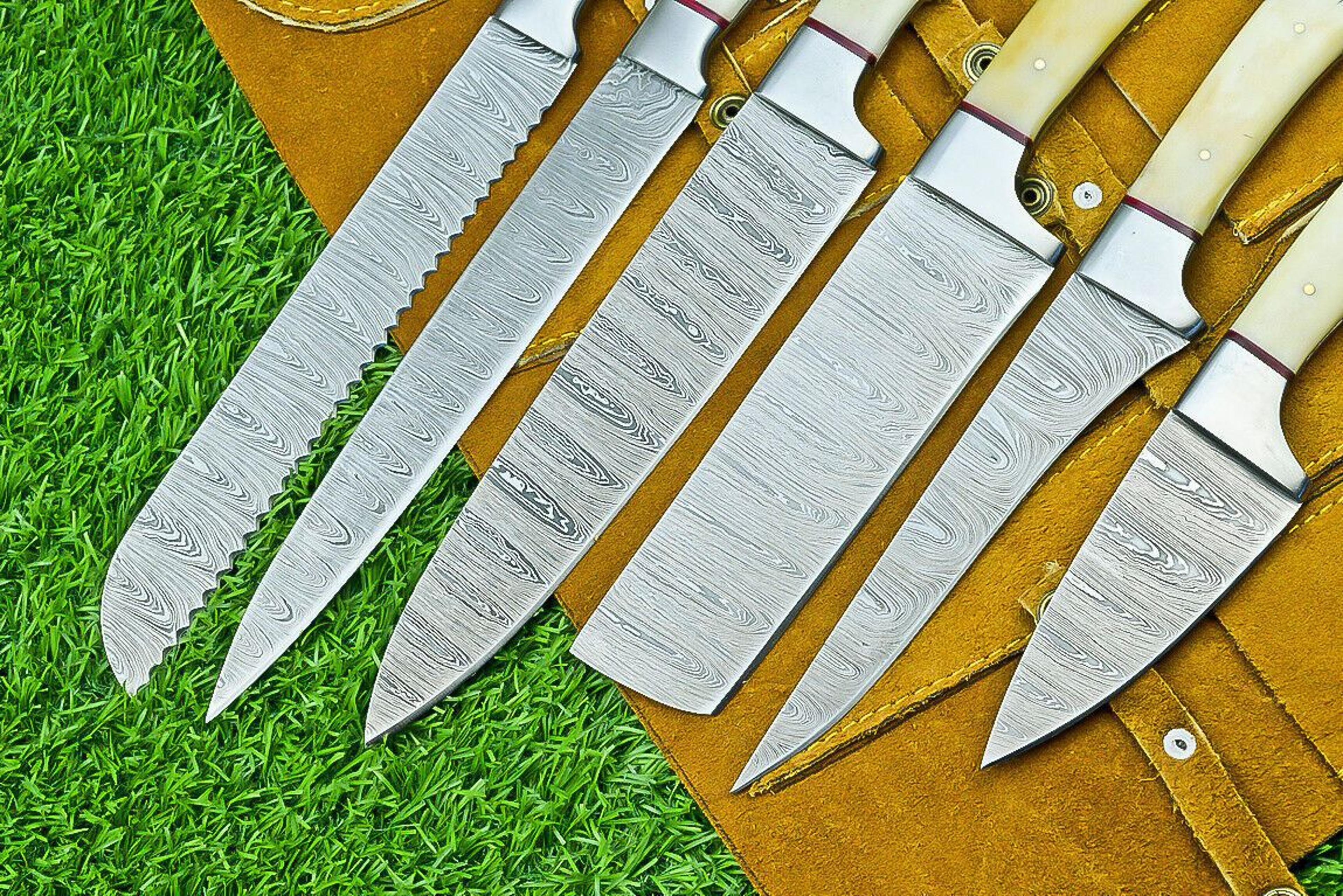 6 PCS Handmade Damascus Steel Chef Knife Set  Professional Kitchen Knives With Leather Roll Sheath 1