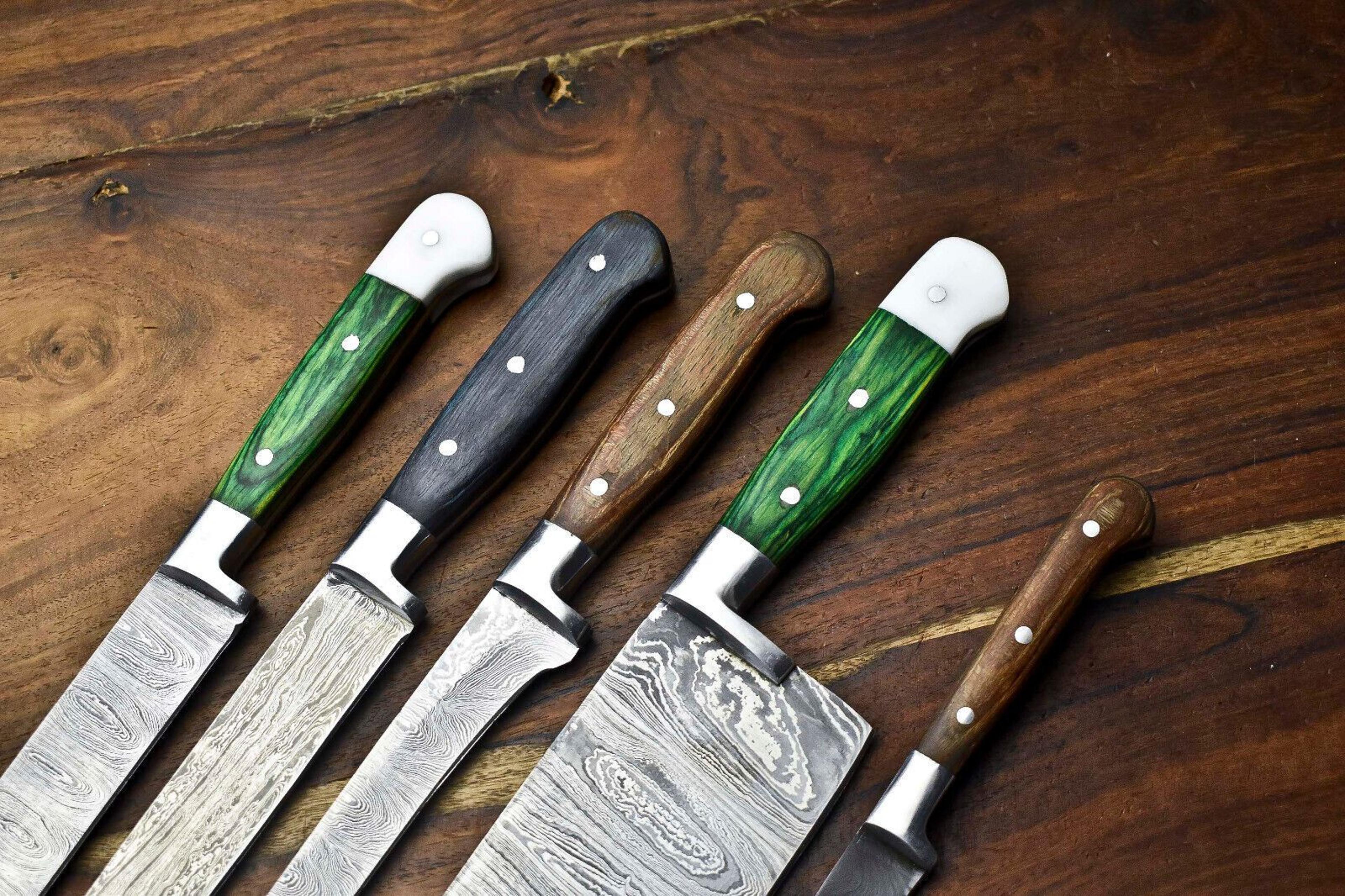 Lot Of 5 Handmade Damascus Steel Chef Knives Set  Hammered Full Tang Kitchen Knife Collection 1
