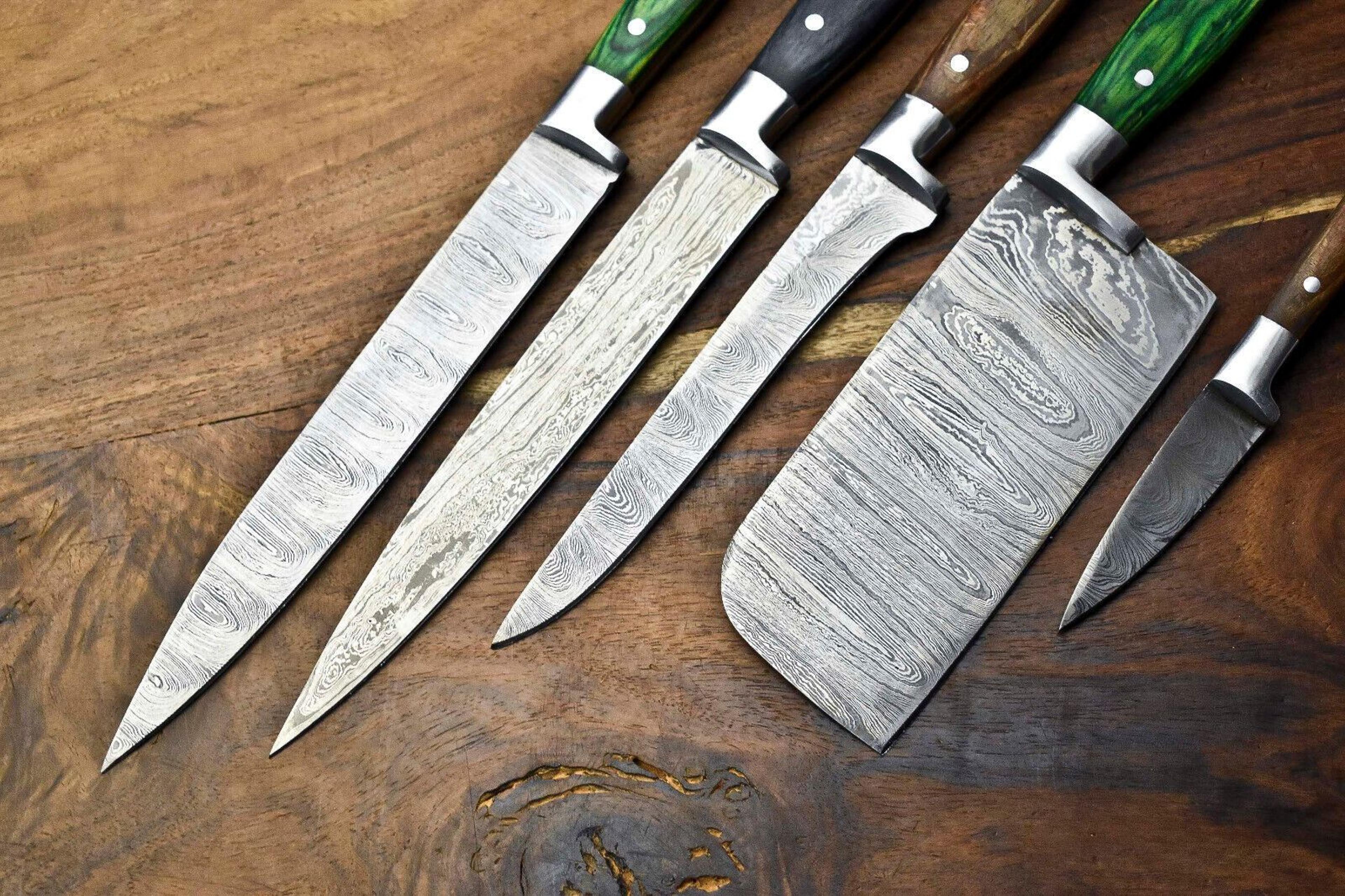 Lot Of 5 Handmade Damascus Steel Chef Knives Set  Hammered Full Tang Kitchen Knife Collection 2