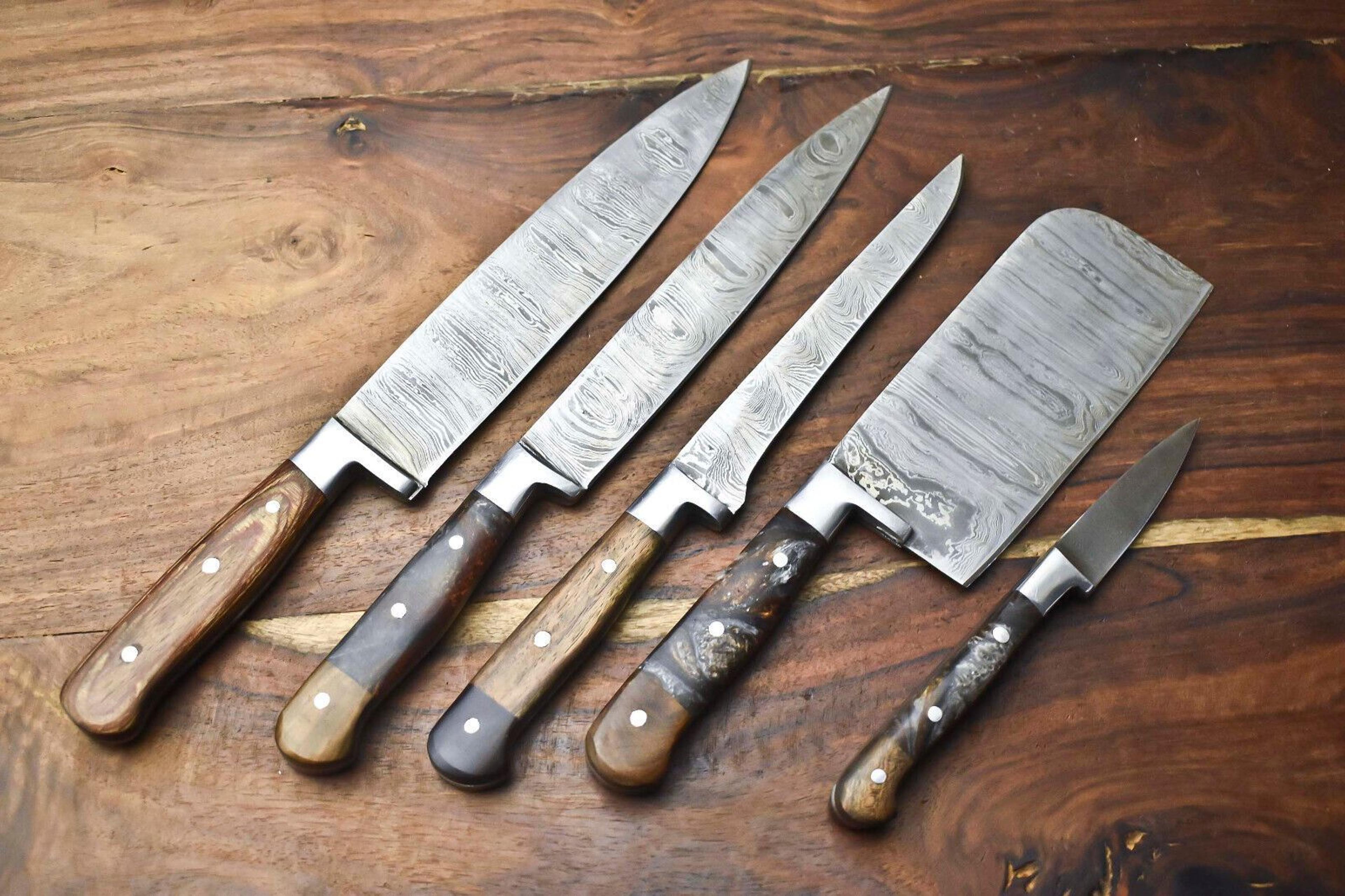 Custom Lot Of 5 Handmade Hammered Damascus Steel Chef Knives Set  Professional Kitchen Cutlery Coll