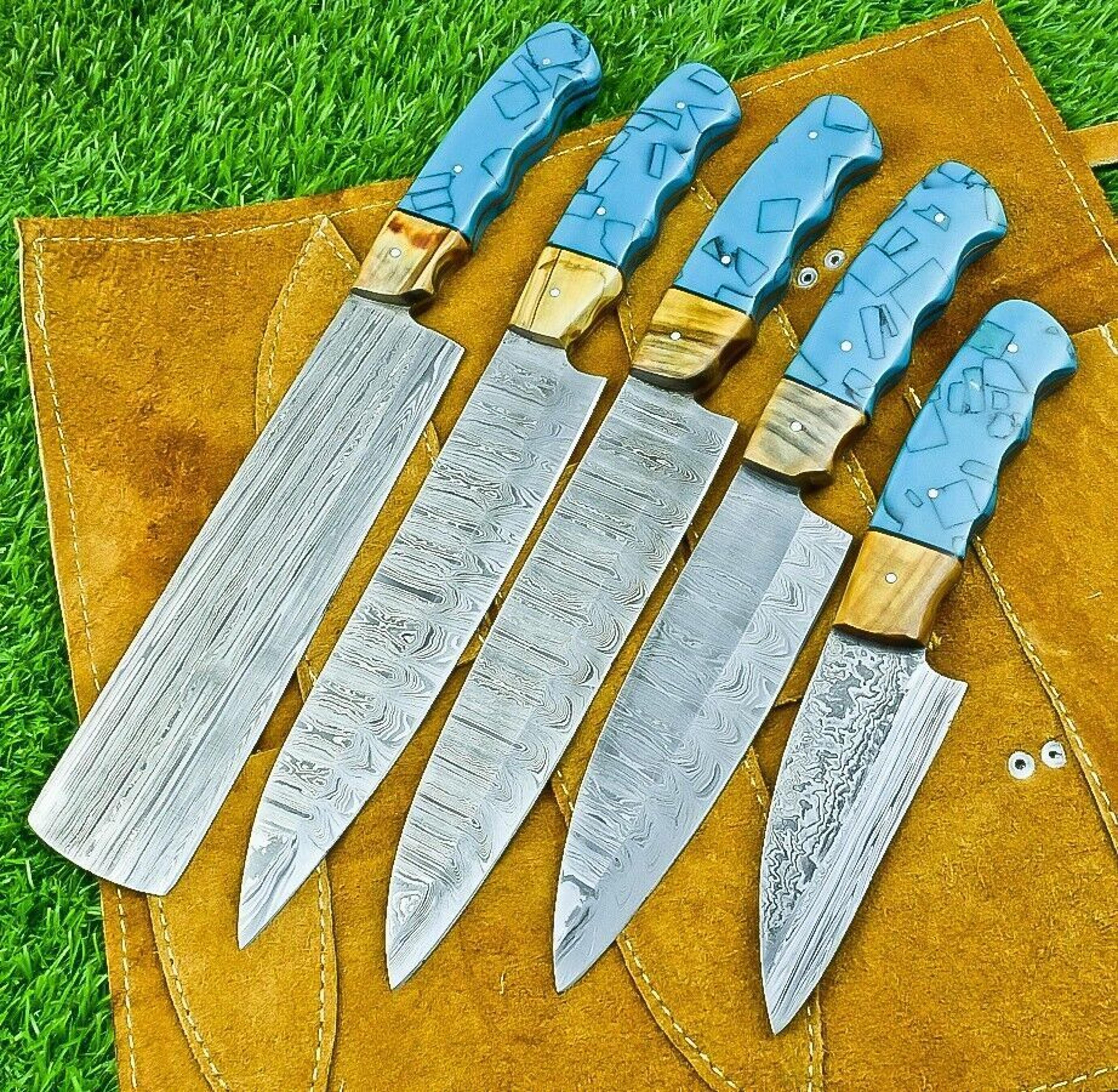 Handmade Damascus Steel Chef Knives Set  5 Premium Forged Hammered Blades 3