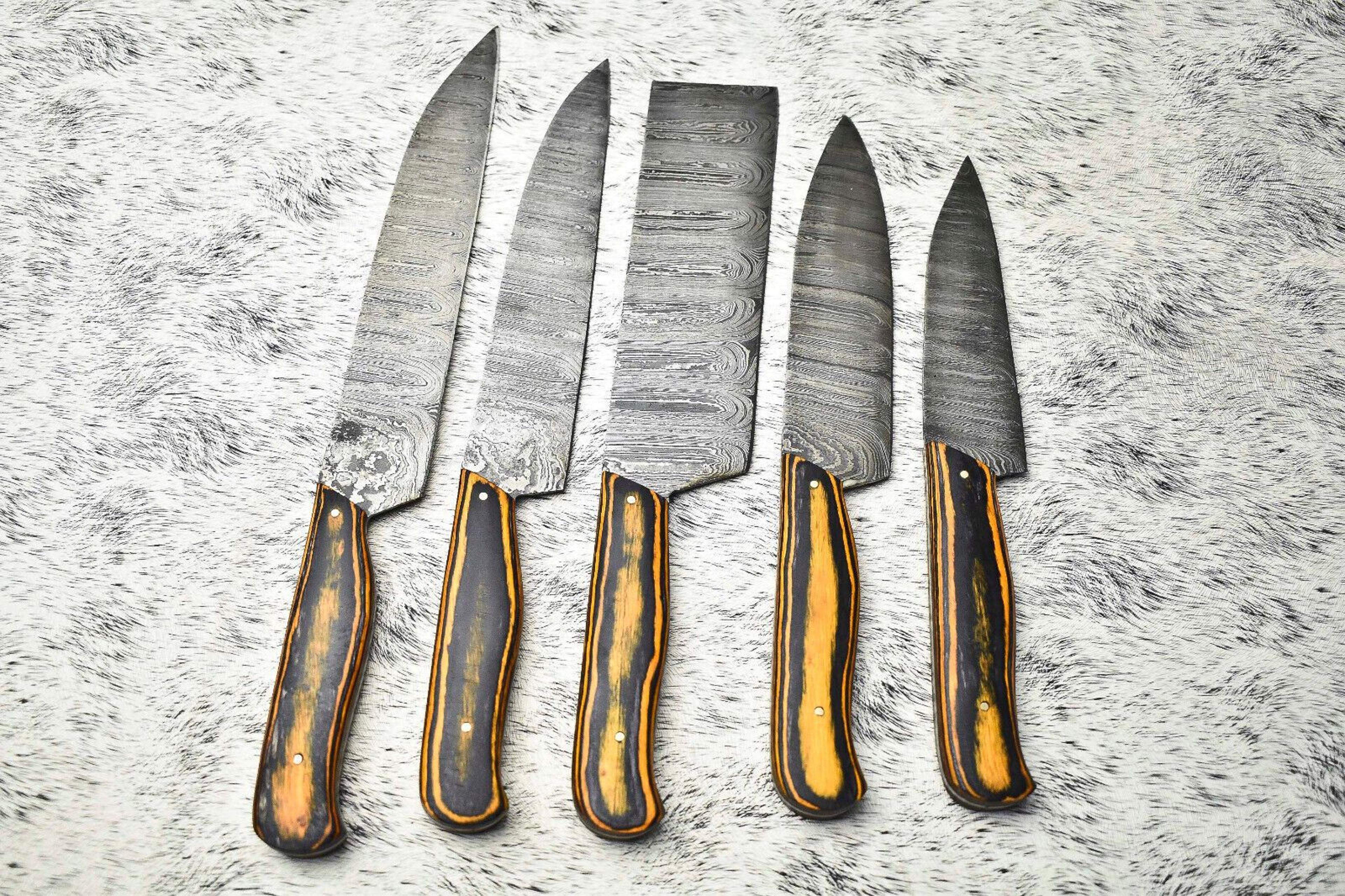 Lot Of 5 Handmade Damascus Hammered Full Tang Chef Knife Set  Hardwood Handle Kitchen Knives 1