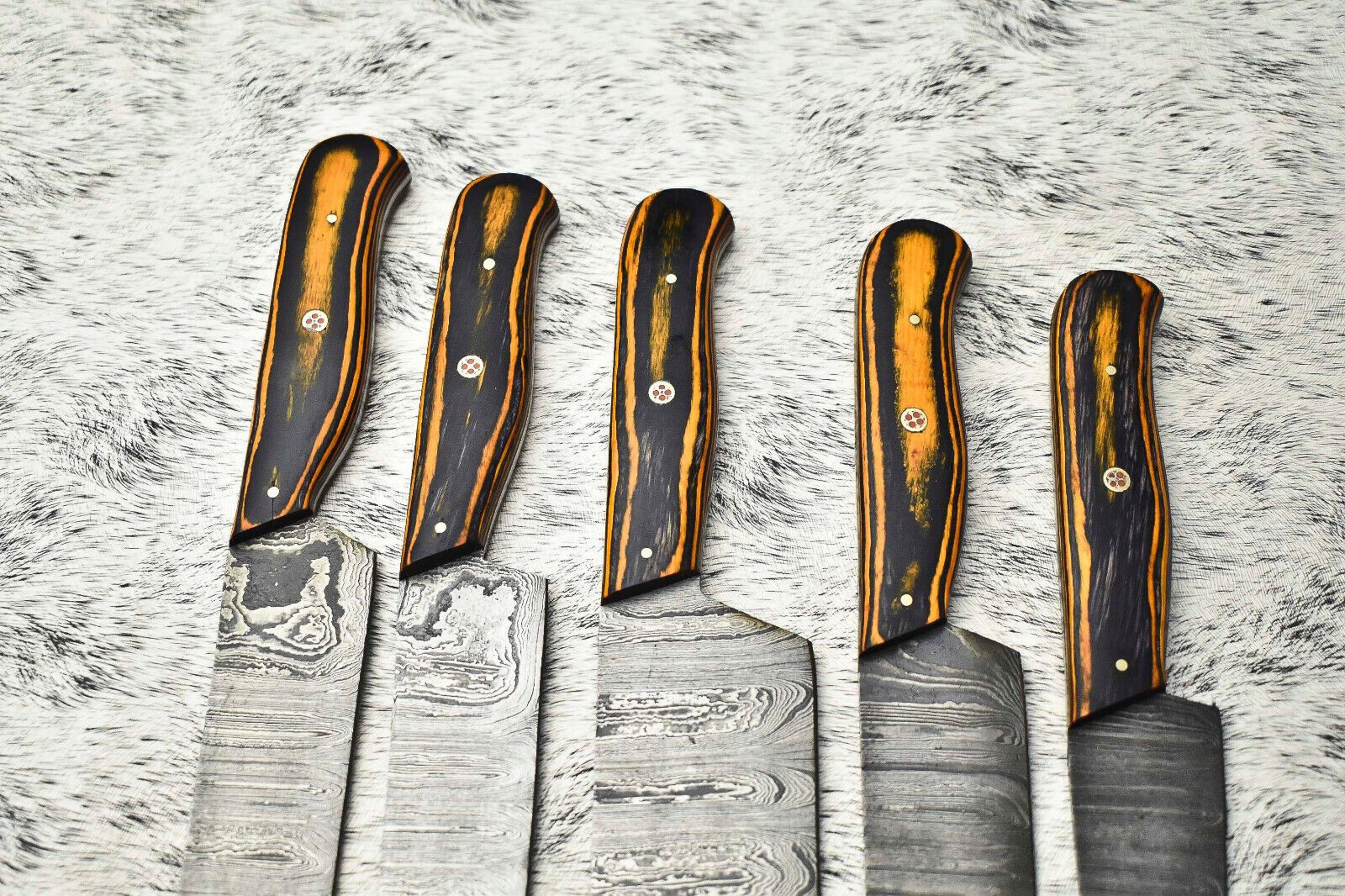 Lot Of 5 Handmade Damascus Hammered Full Tang Chef Knife Set  Hardwood Handle Kitchen Knives 2