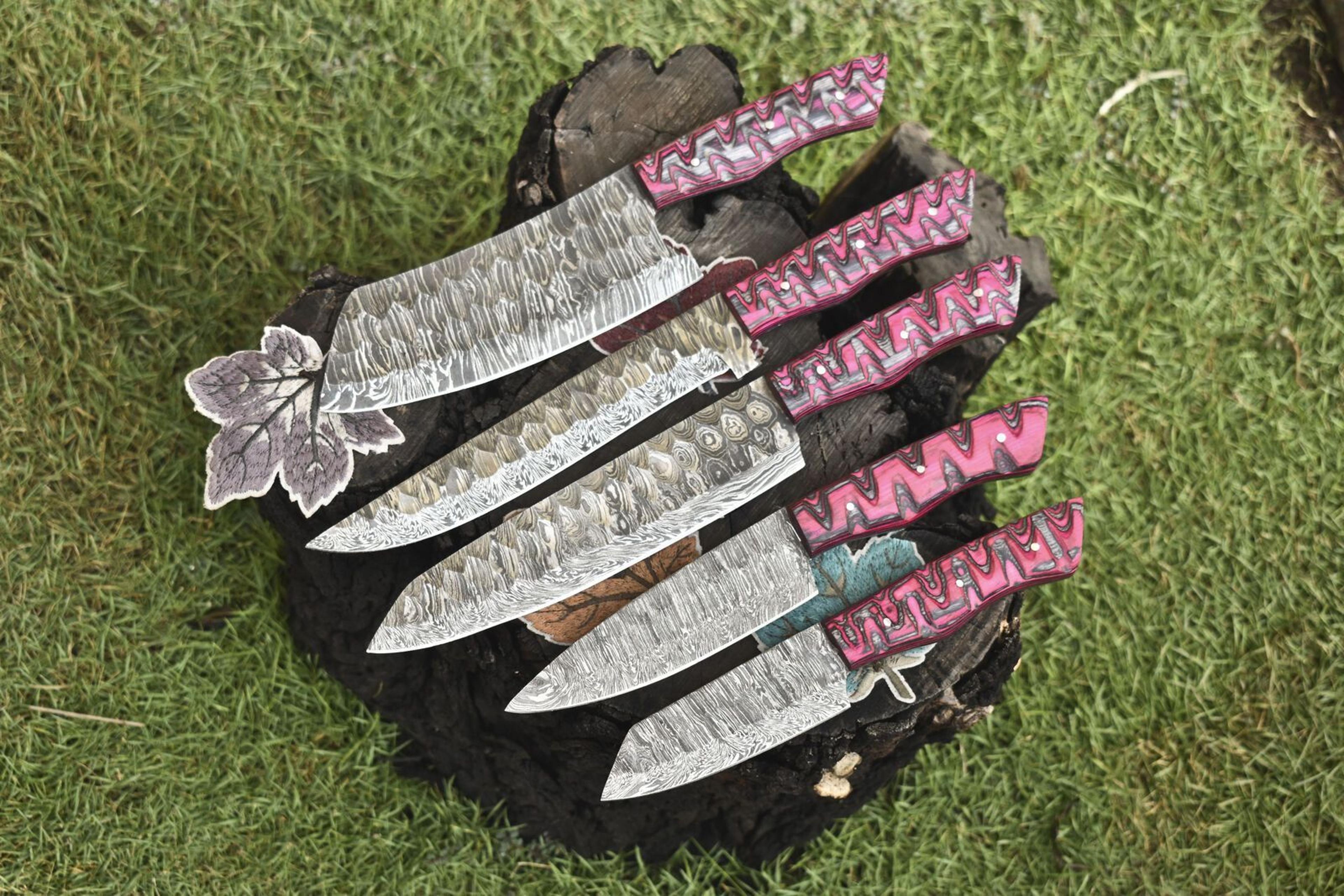 Forged Chef Knife Twist Damascus Steel Set  Lot Of 5 Hardwood Handle Knives For Camping  Bushcraft 2