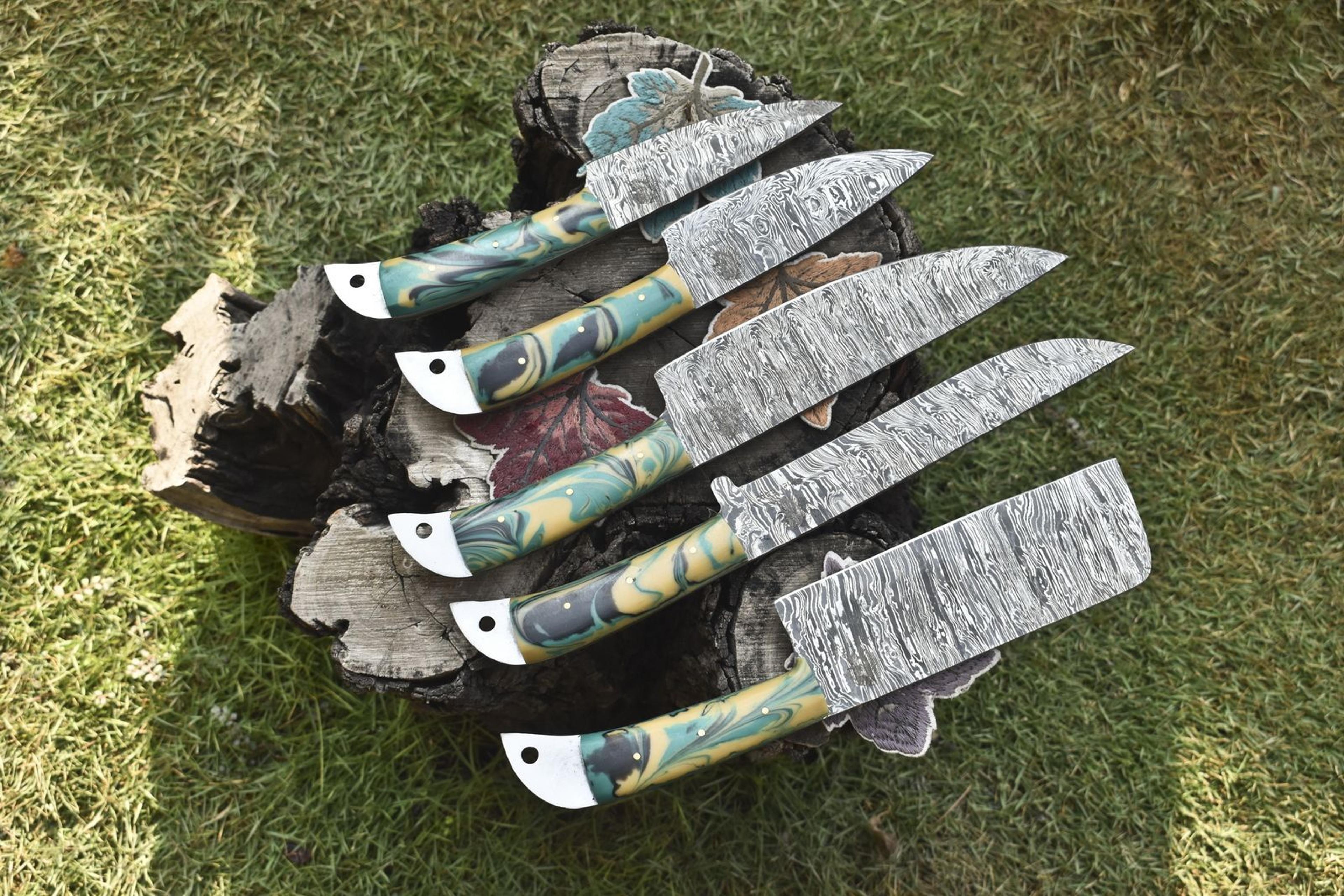 Heritage Twist Damascus Steel Knife Set  Lot Of 5 Chef Knives With Hardwood Handles 2