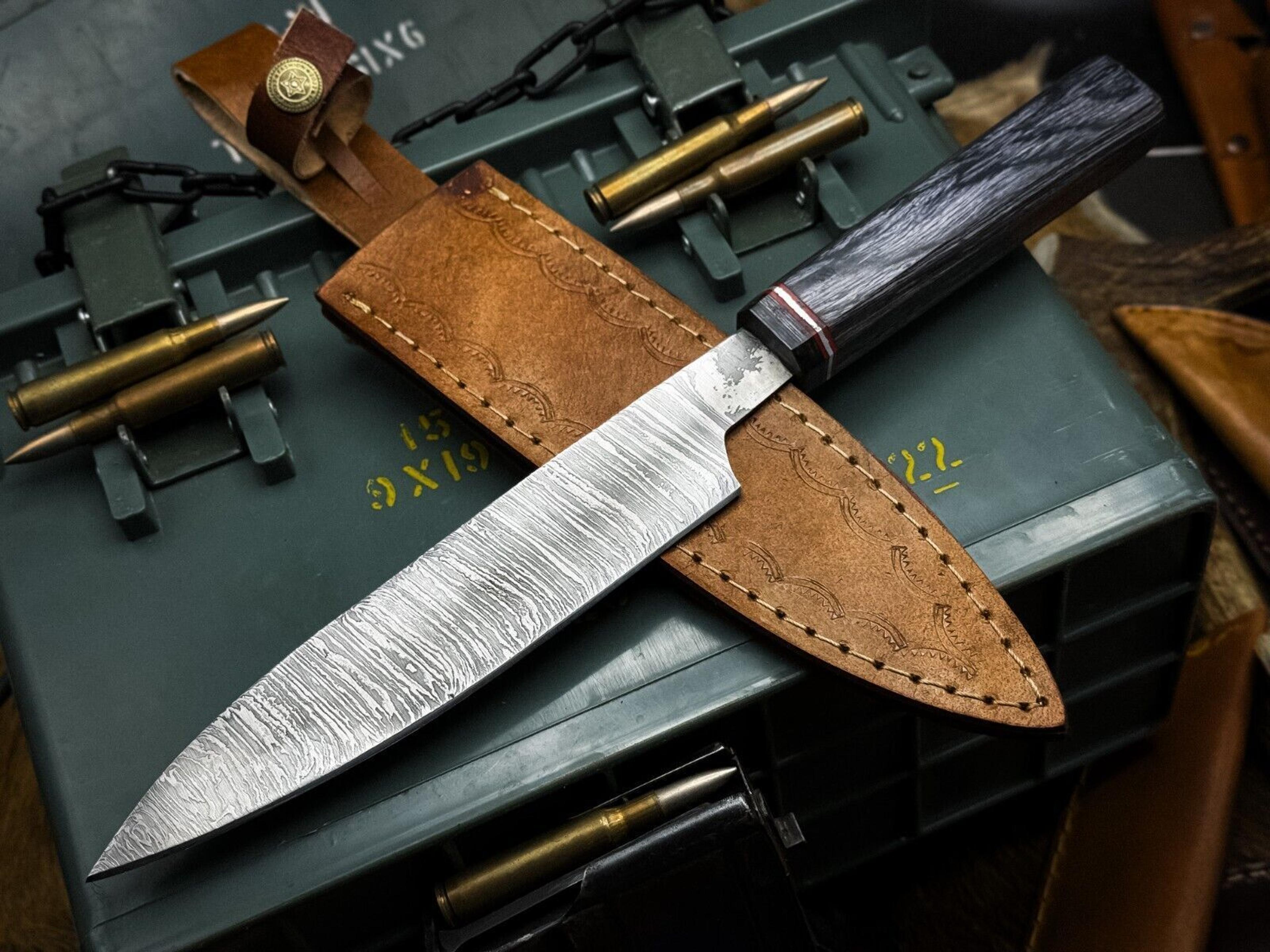 premium handmade damascus steel chef knife with wooden handle & leather sheath