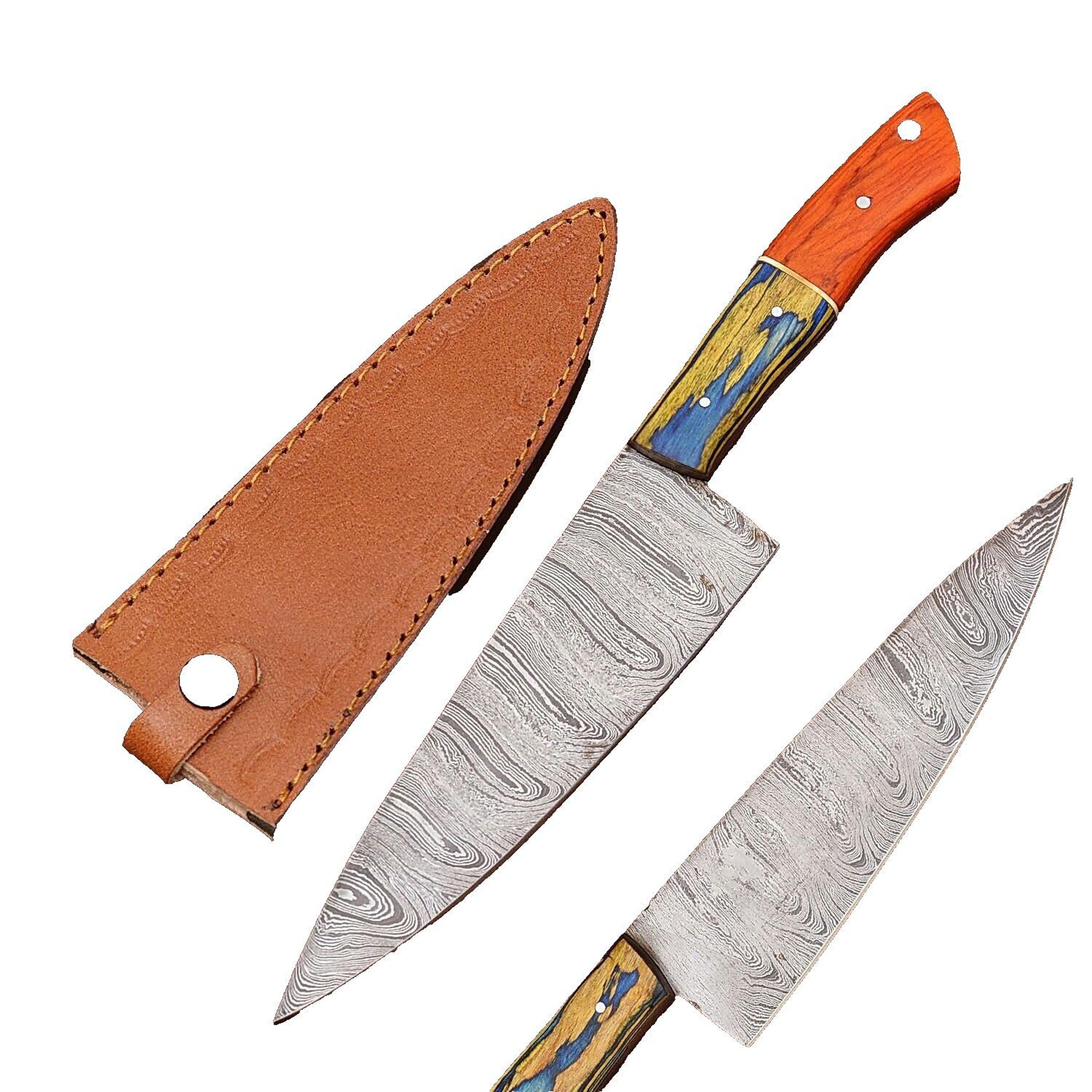 handmade damascus steel kitchen chef knife with wooden handle & leather sheath