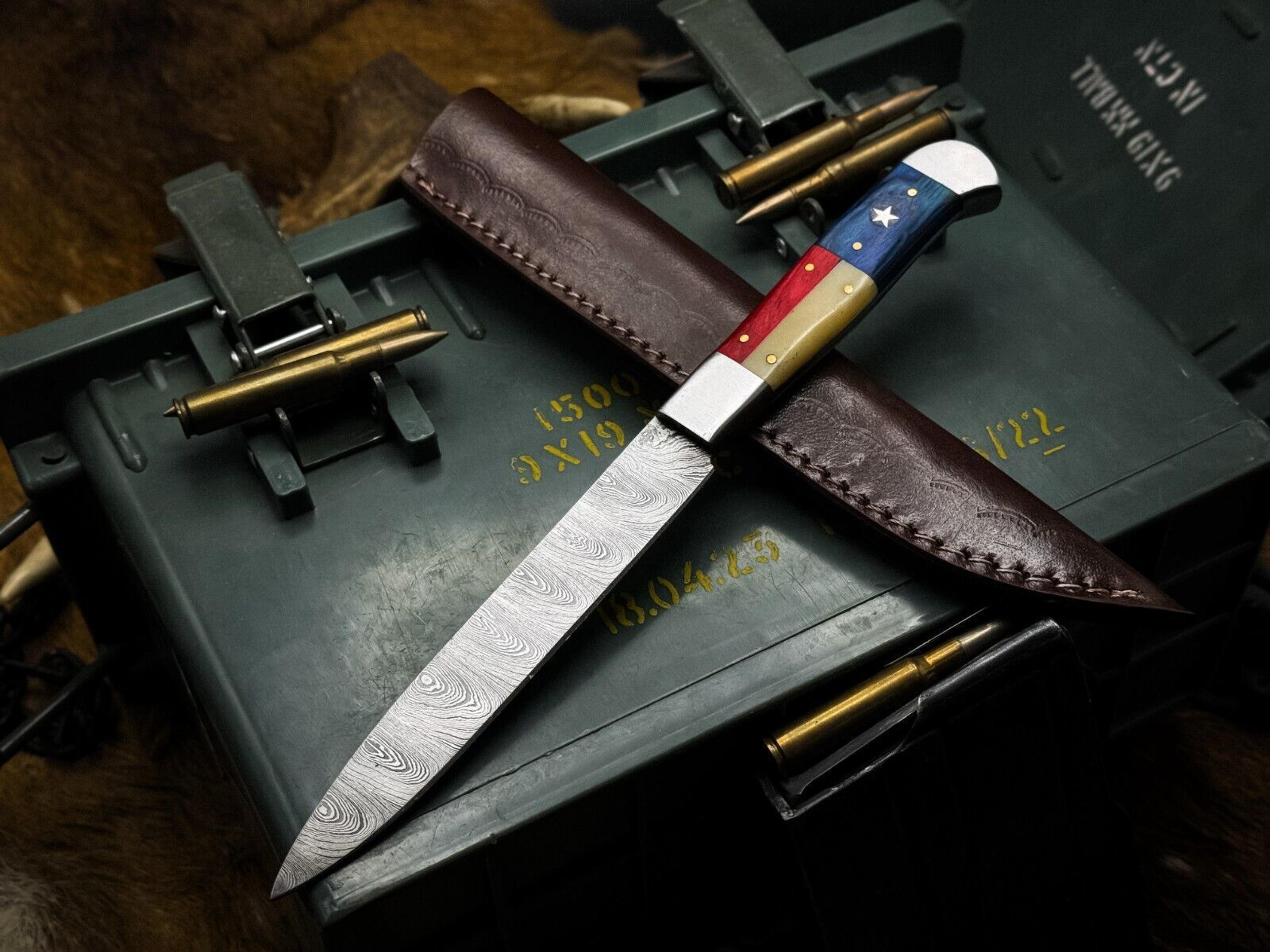 handmade damascus steel chef knife with bone handle and leather sheath