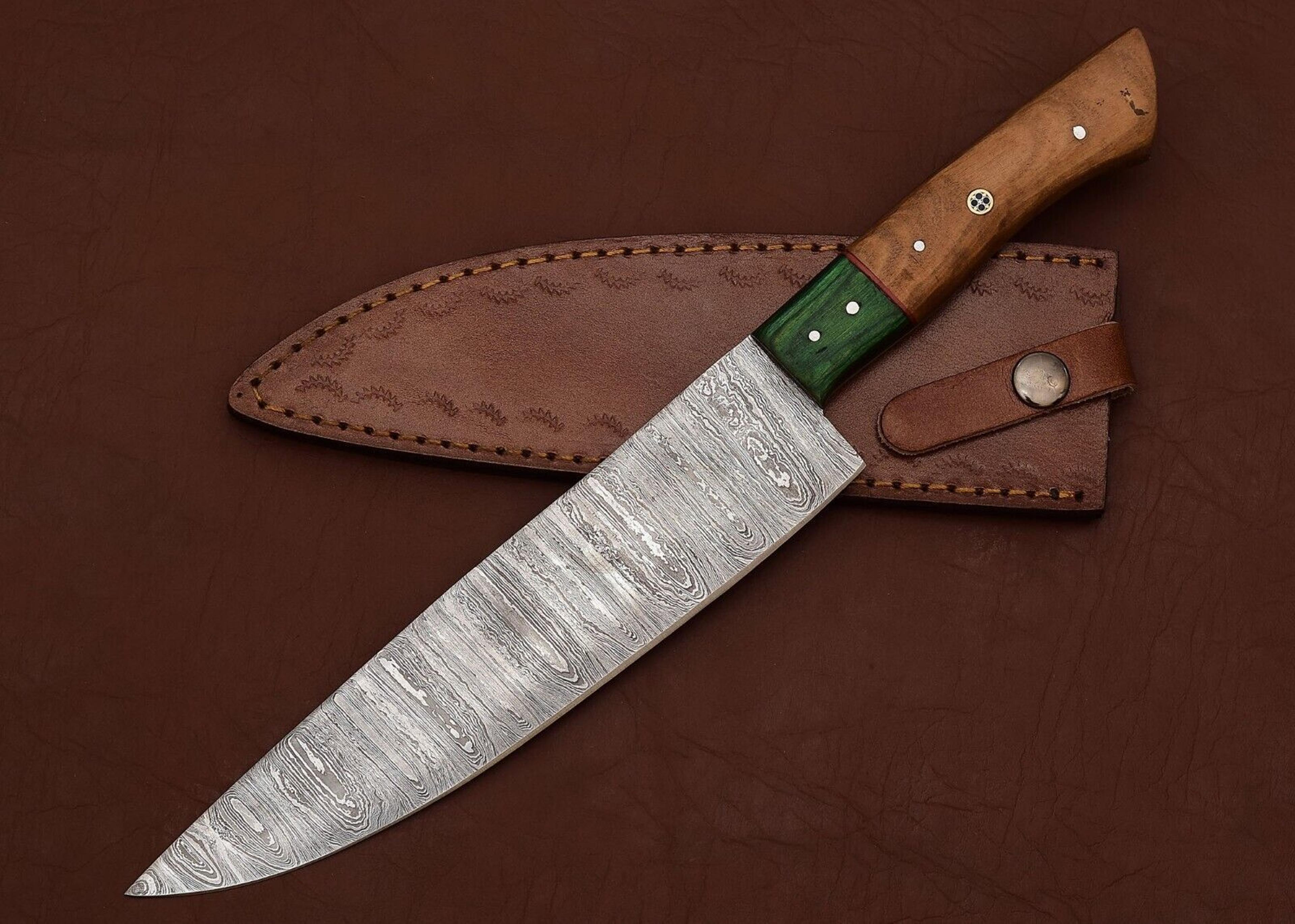 handmade damascus kitchen knife – 7 inch fillet blade with leather sheath