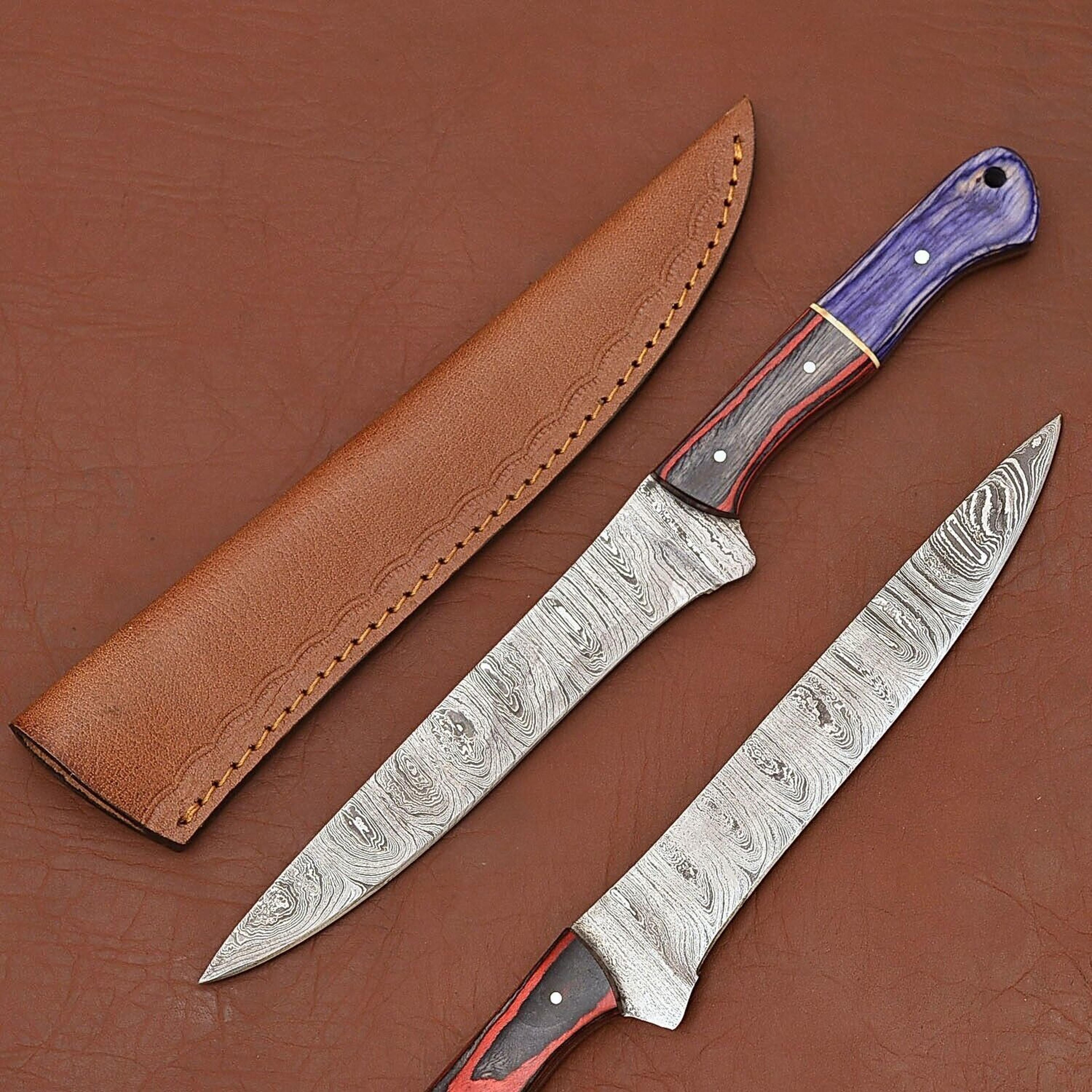 hand-forged damascus steel fillet knife with pakka wood handle & leather sheath