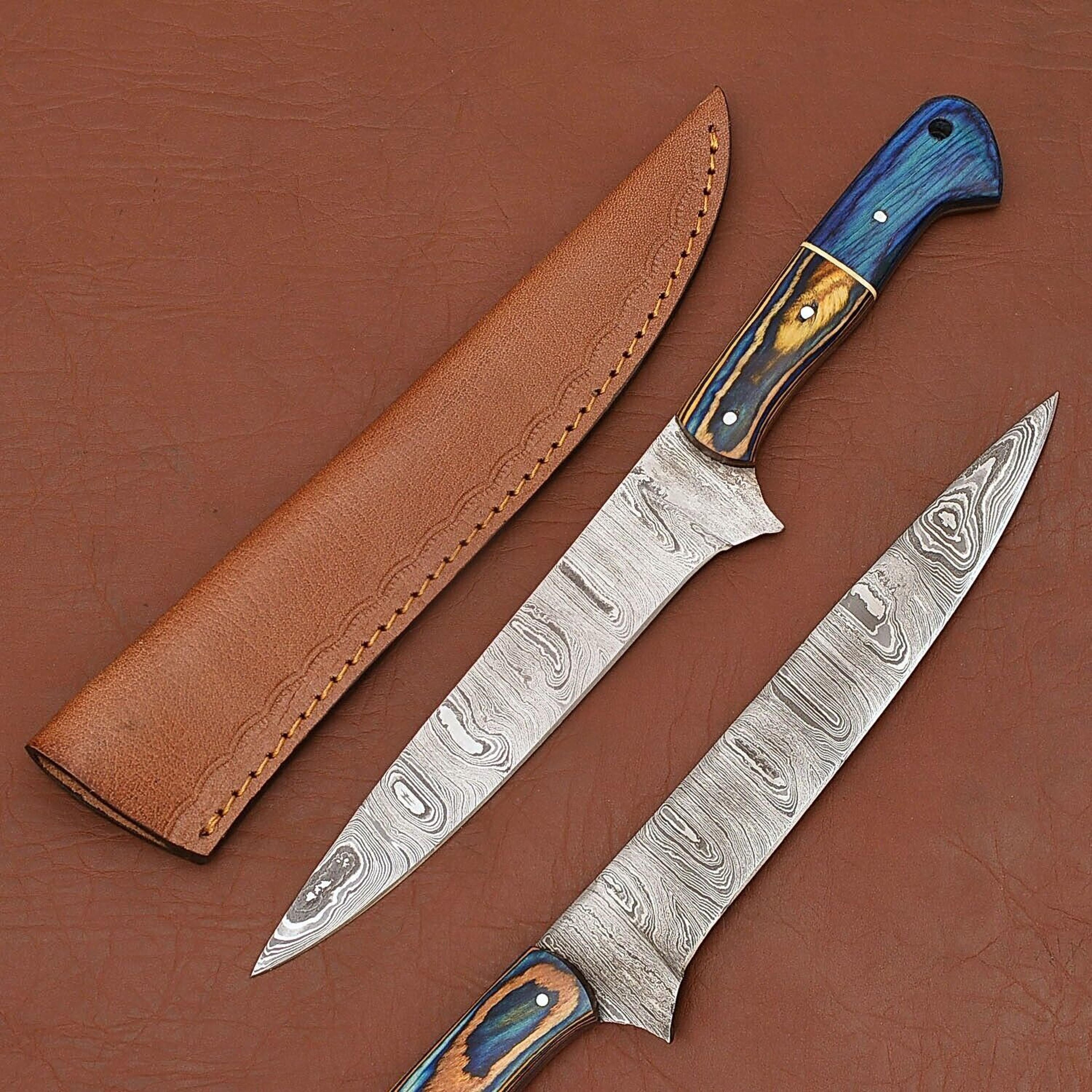 professional damascus fillet knife – 12" handmade chef knife with leather cover