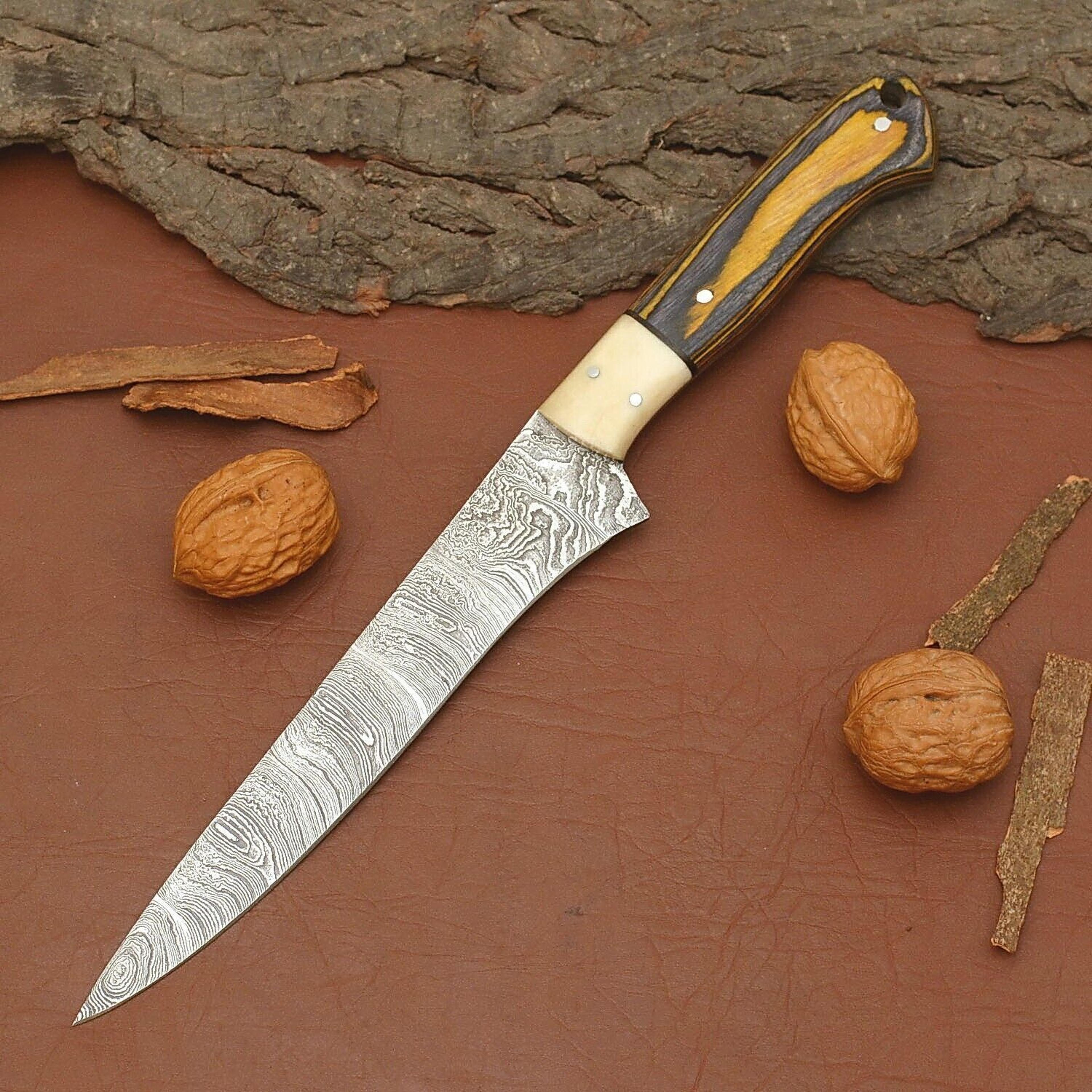 premium damascus fillet knife – custom handmade 12" blade with leather sheath