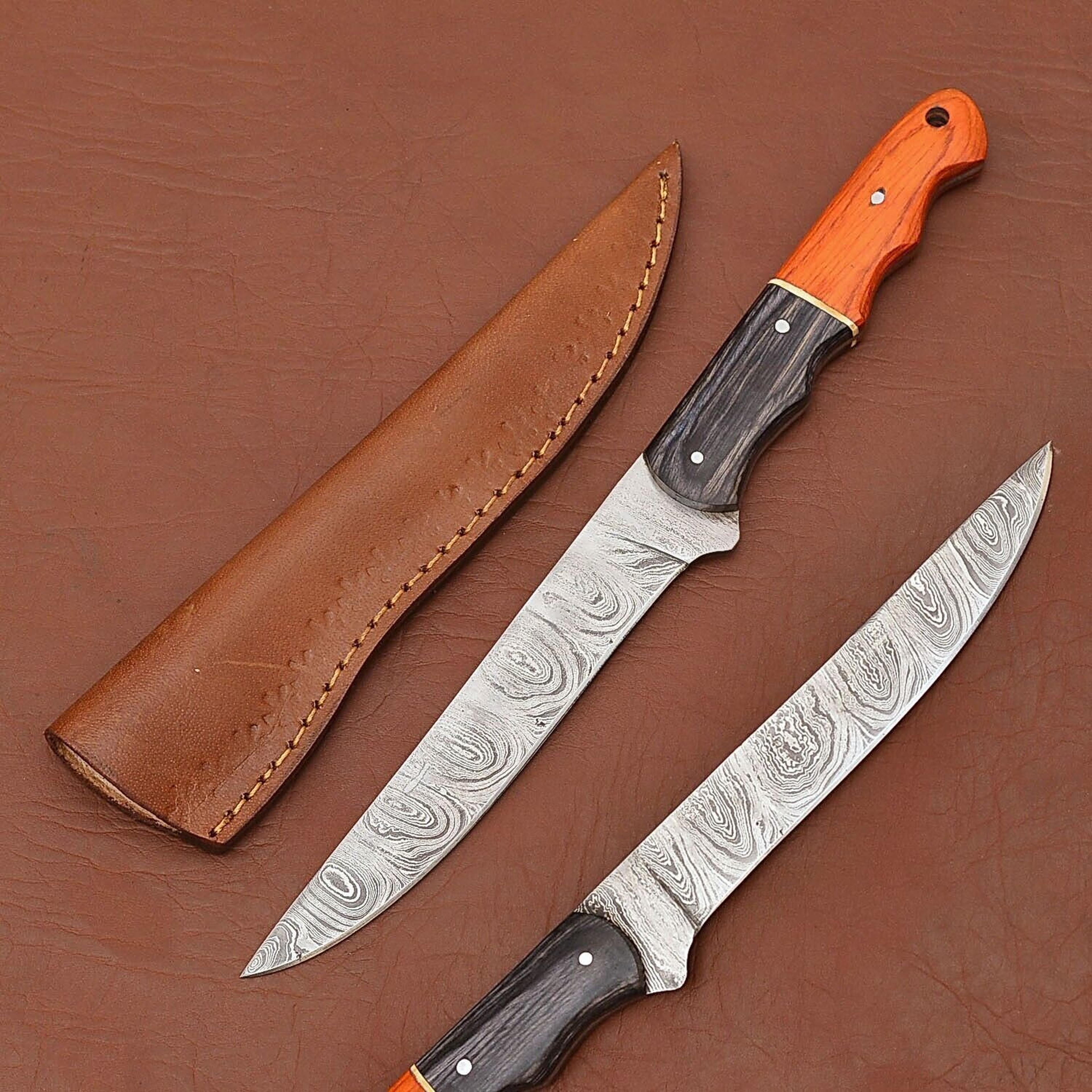 artisan damascus steel hunting knife – polished wood handle & sheath