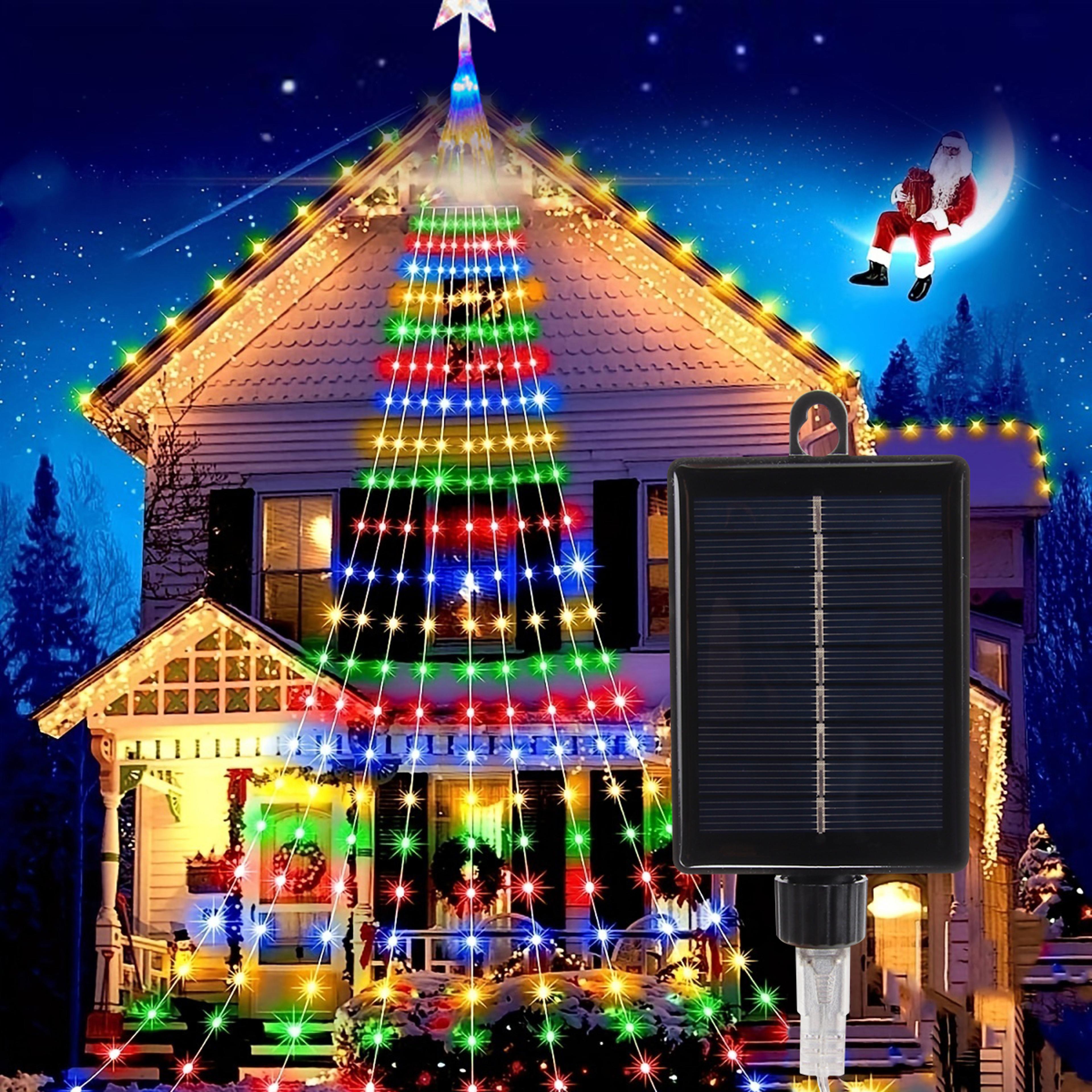 waterproof solar star fairy lights, 200 led, 9.8ft waterfall tree lights with 8 modes, 9 strands