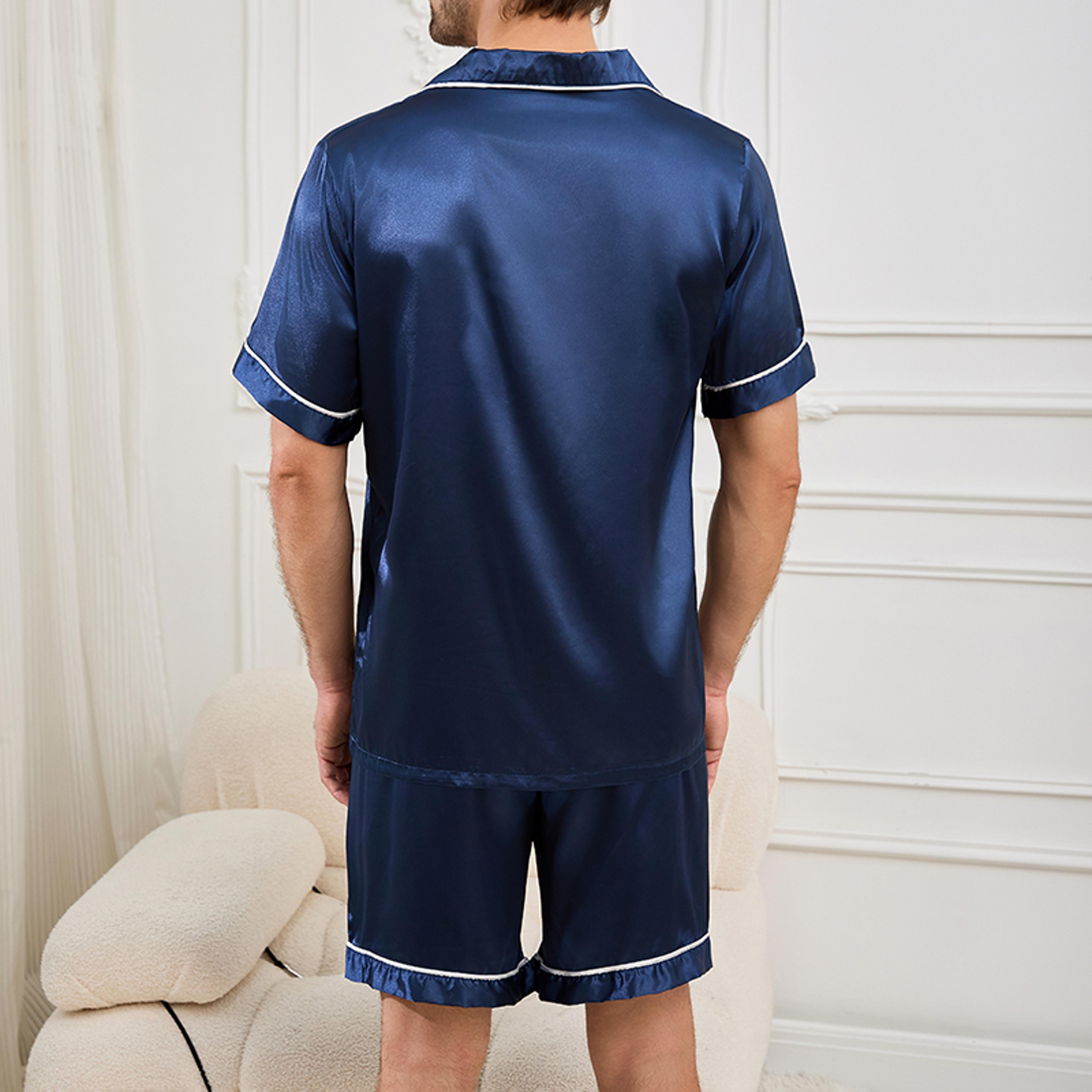 men satin summer sleepwear pajama set, button-down shirt & elastic waist shorts, comfortable pajamas for home