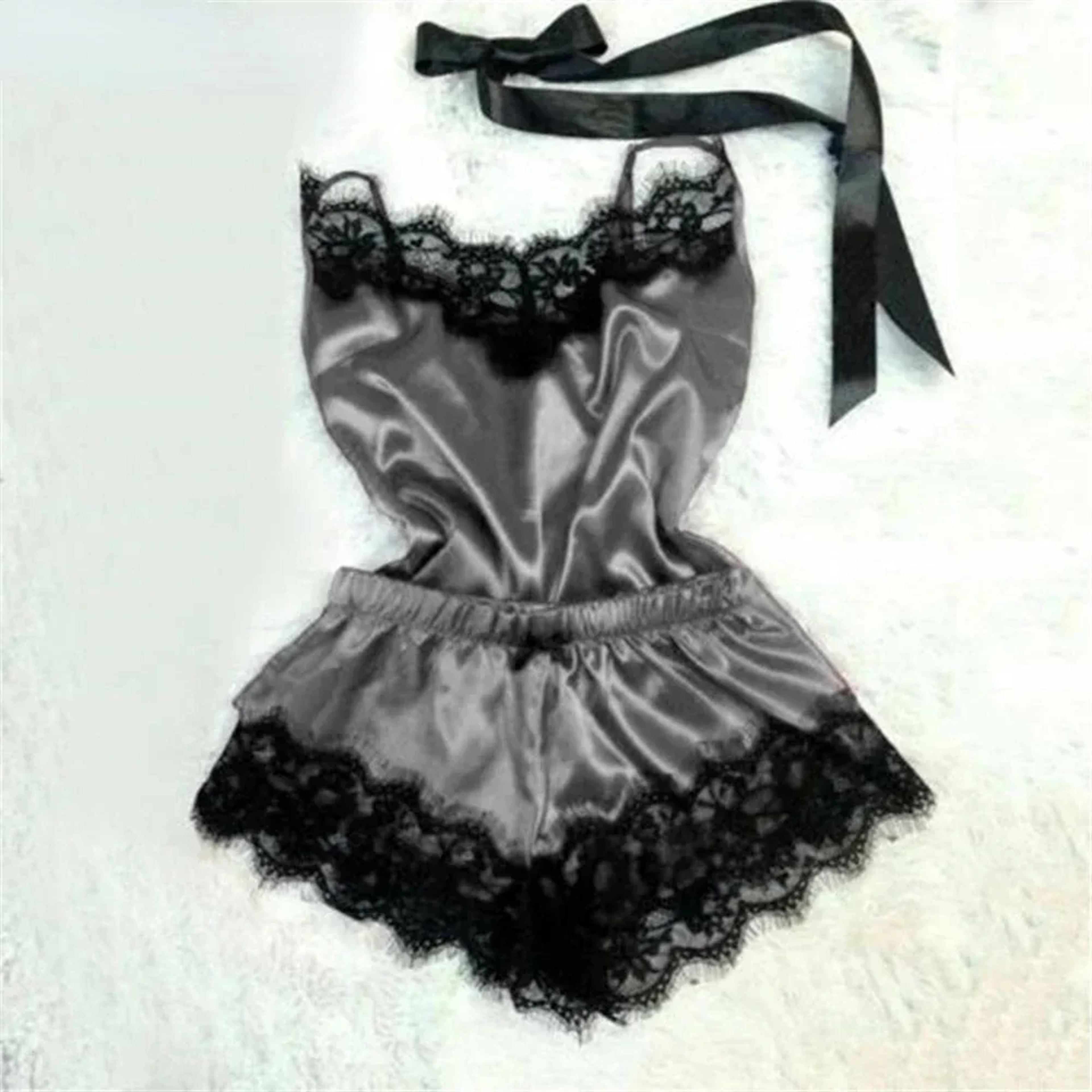sexy lace satin pajama set for women, v-neck stretch sleepwear, strap vest top shorts nightwear lingerie pijamas
