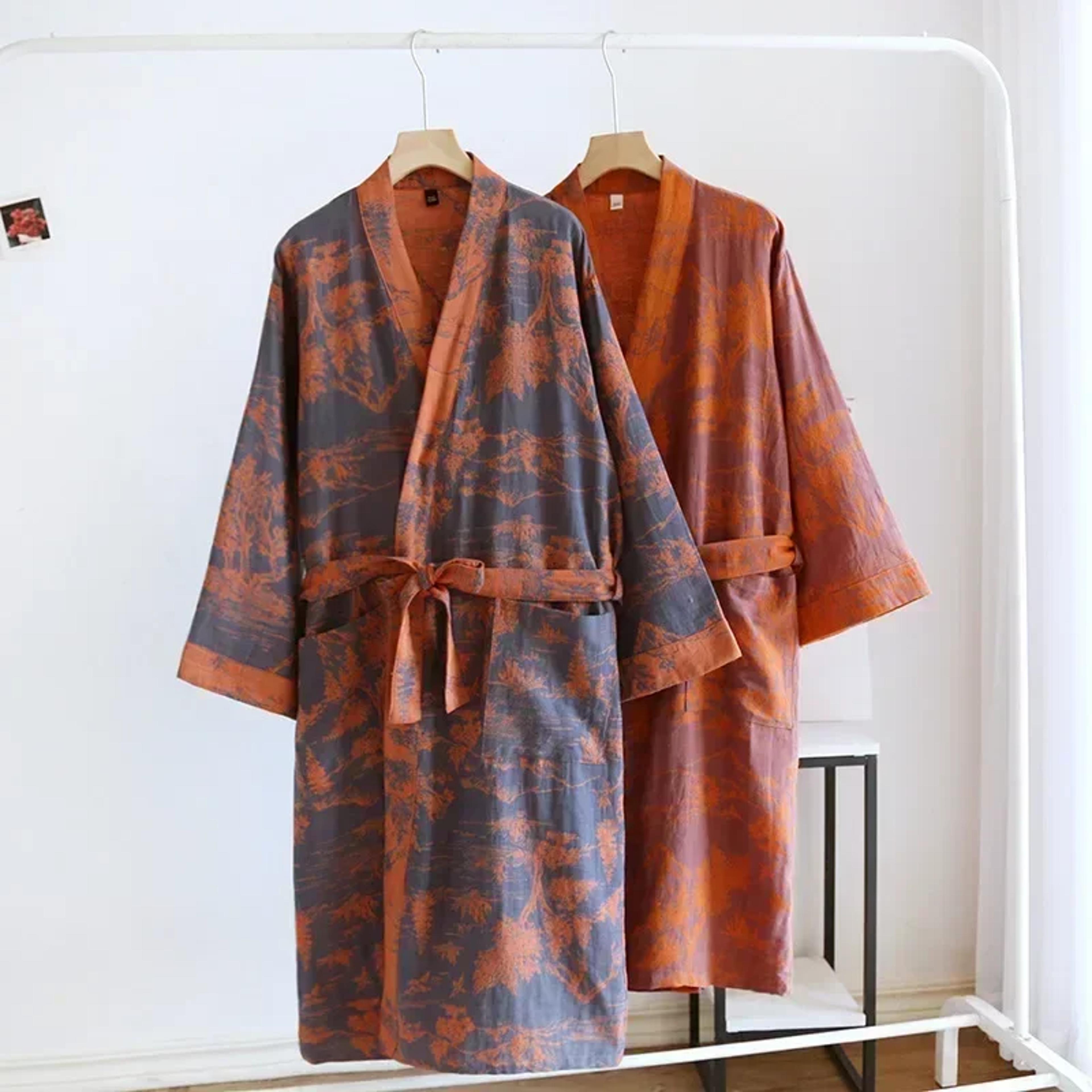 women's cotton bathrobe, printed loose fitting tie up pajamas, japanese style steaming cotton robes for women