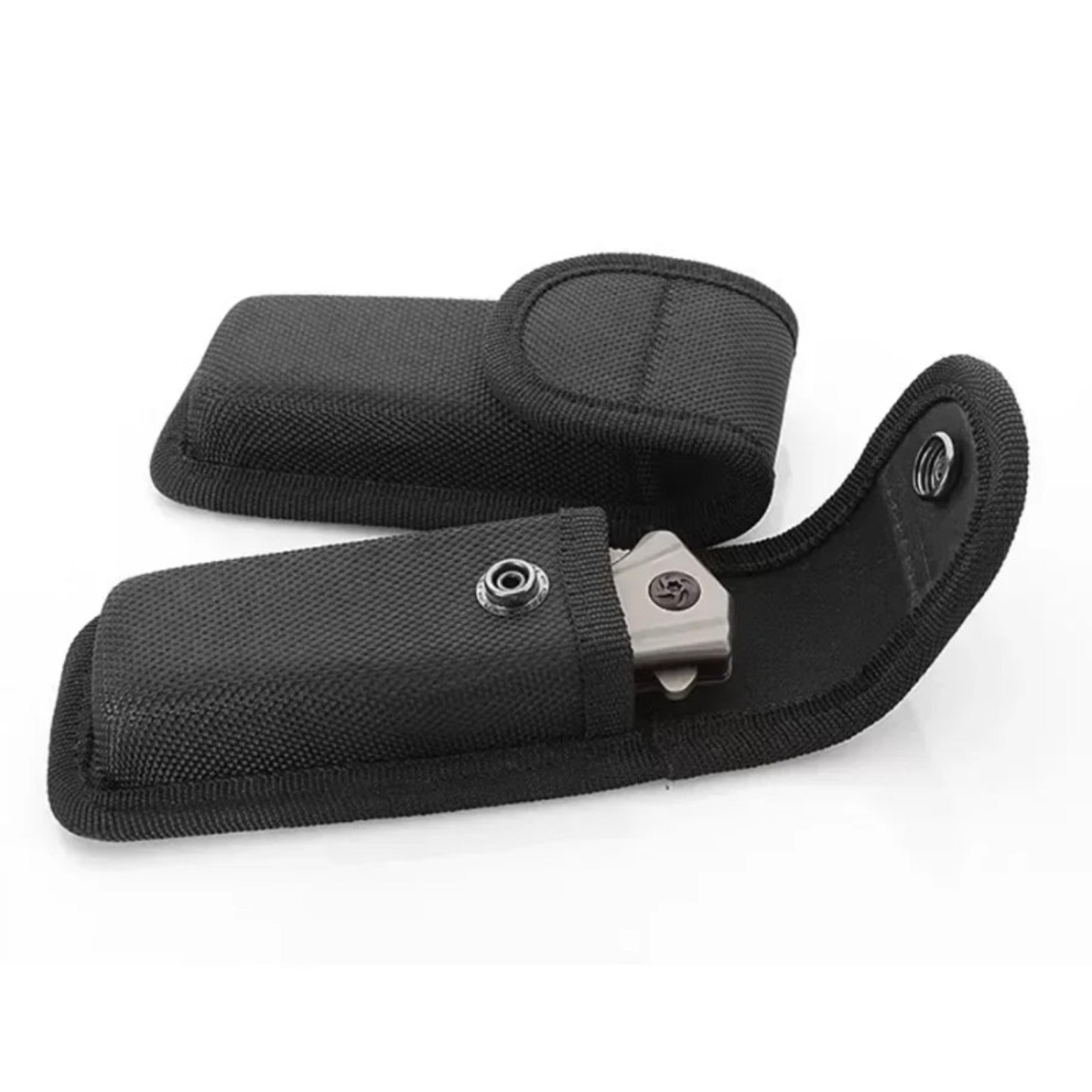 black sheath fold knife plier, flashlight holder waist pack, nylon belt loop pouch case, tactical carry storage, durable