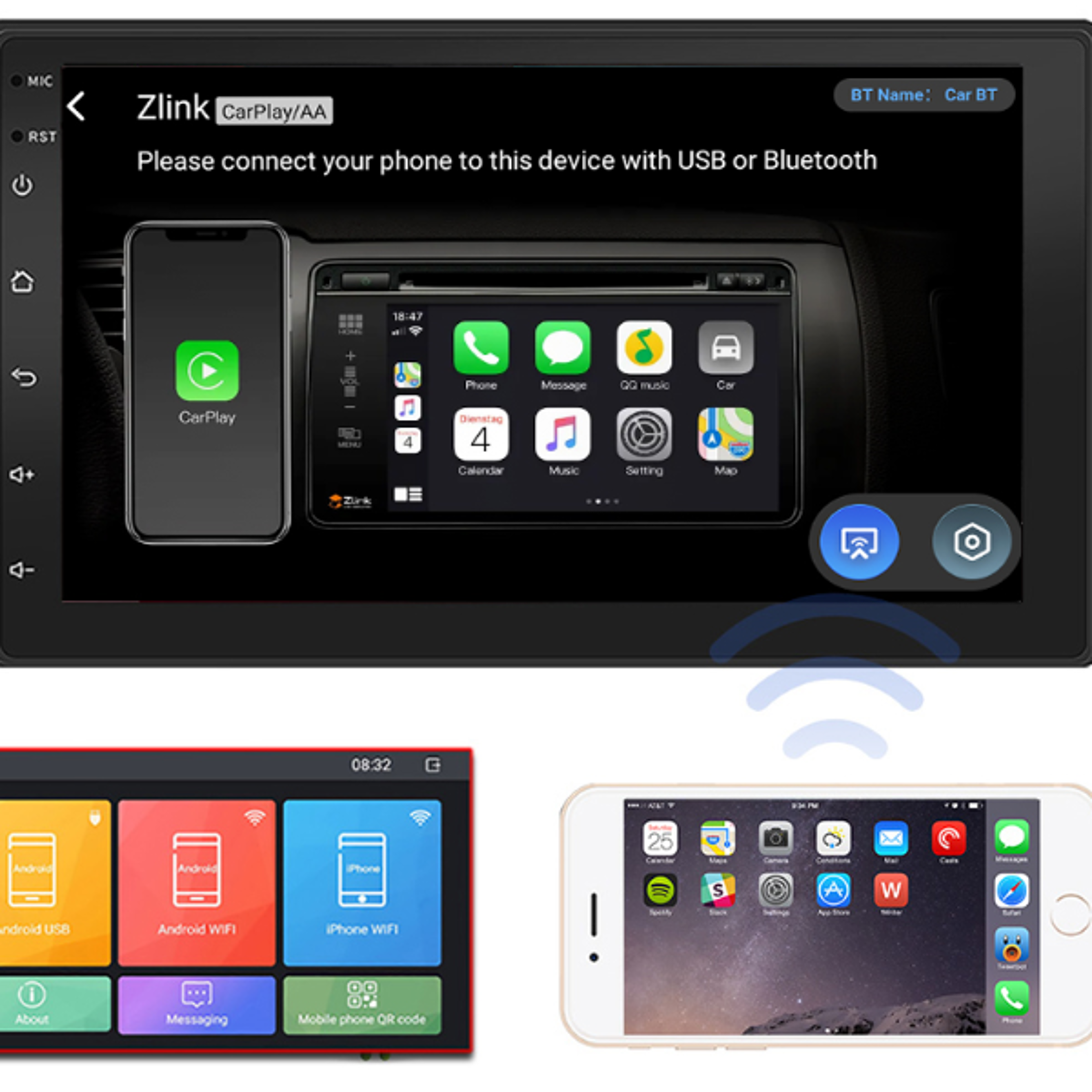 car multimedia video player, android car radio with carplay, gps navigation, bluetooth, rear view camera