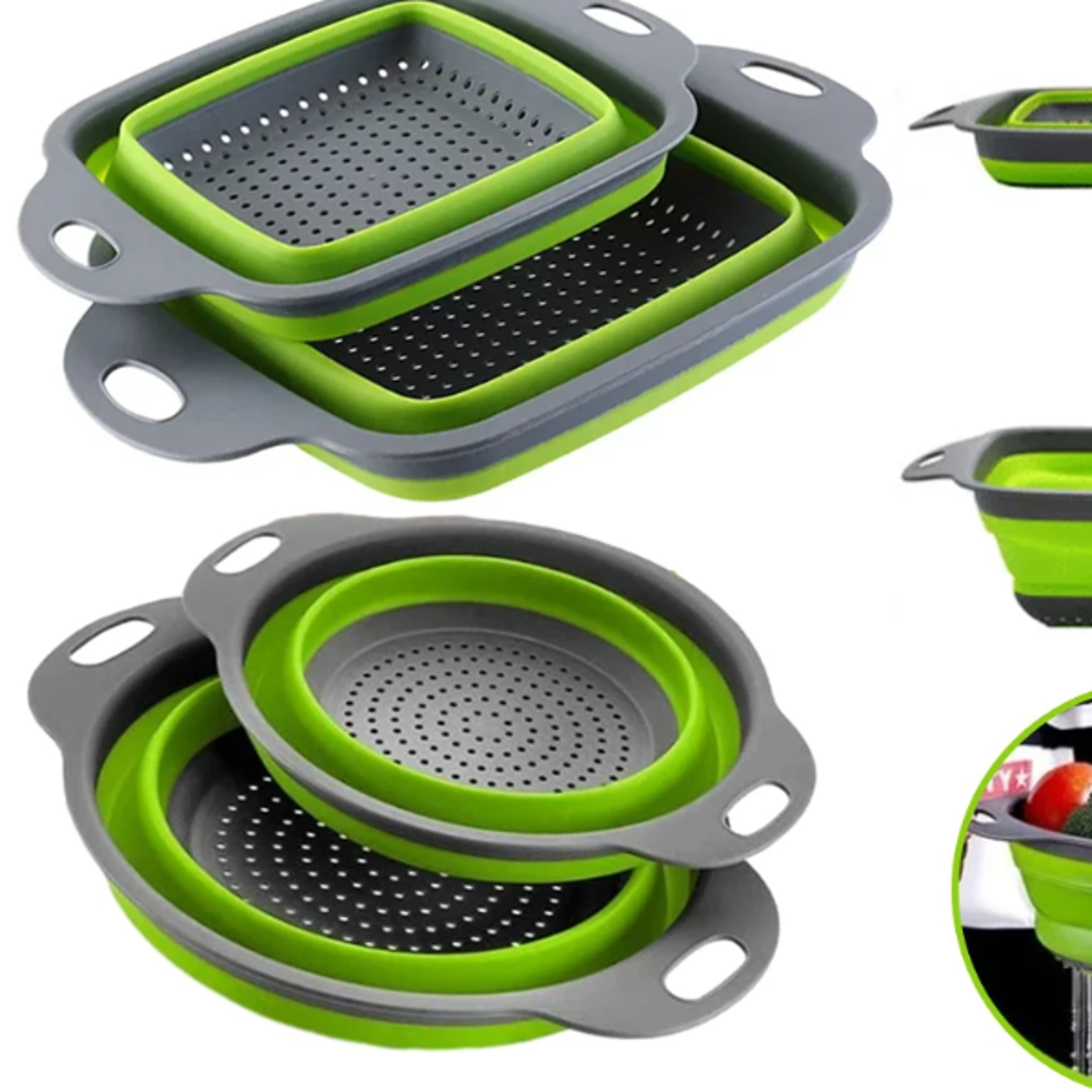 silicone folding drainer basket for food and pasta, foldable fruit vegetable colander kitchen strainer