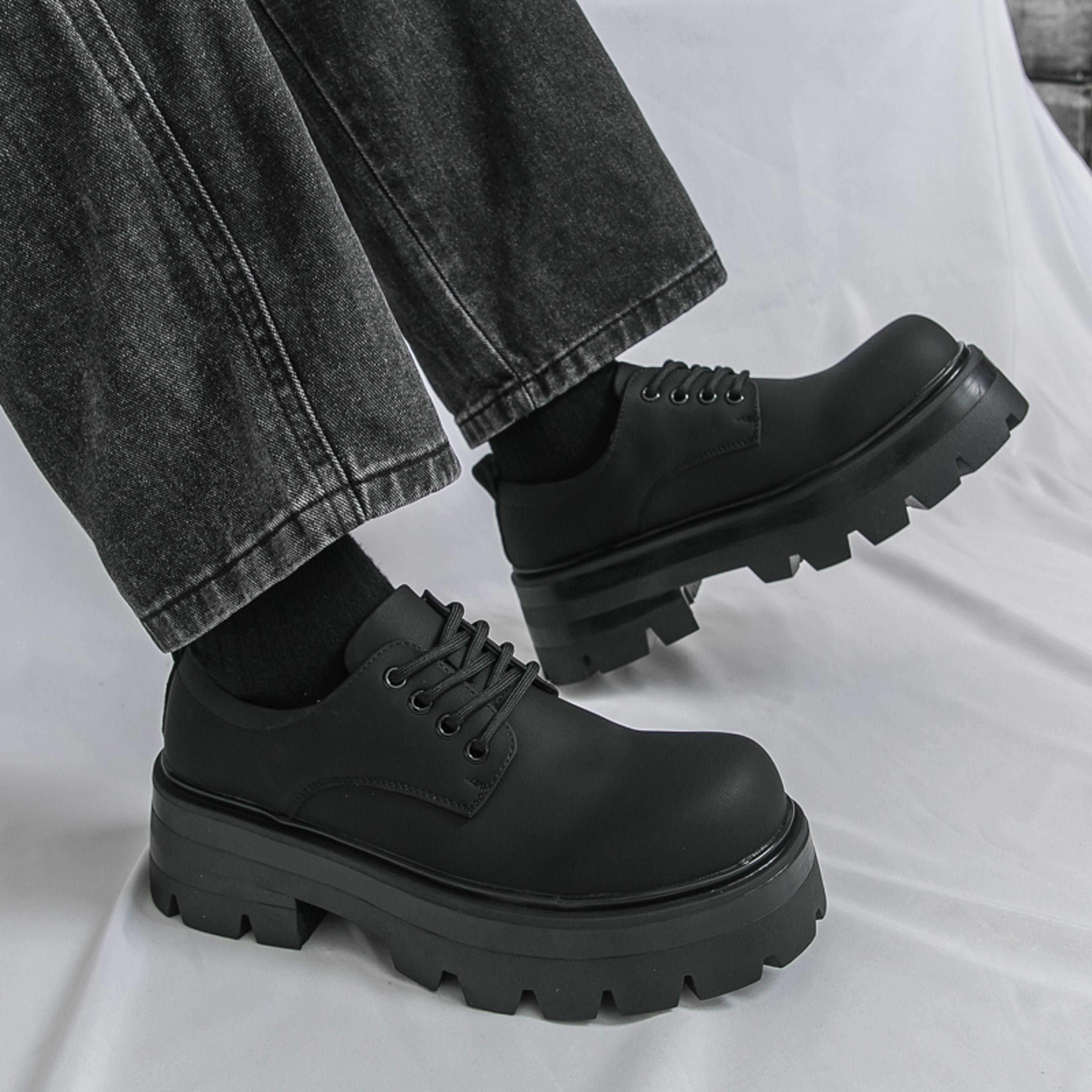 korean men harajuku style leather shoes, thick platform streetwear casual loafers, metal wedding shoes for men