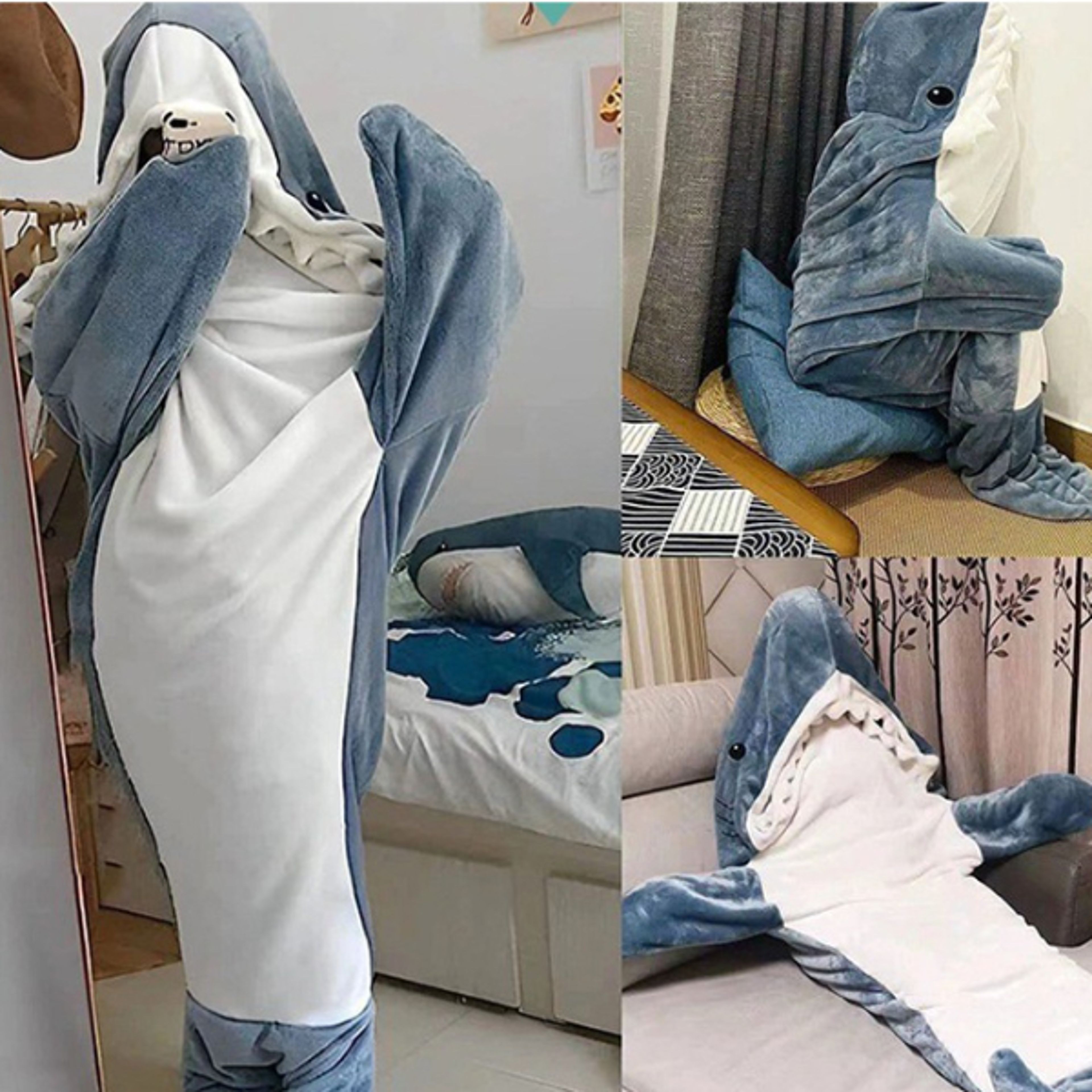 shark sleeping bag animal flannel pajamas, large size, one piece loose robe for kids, men, women