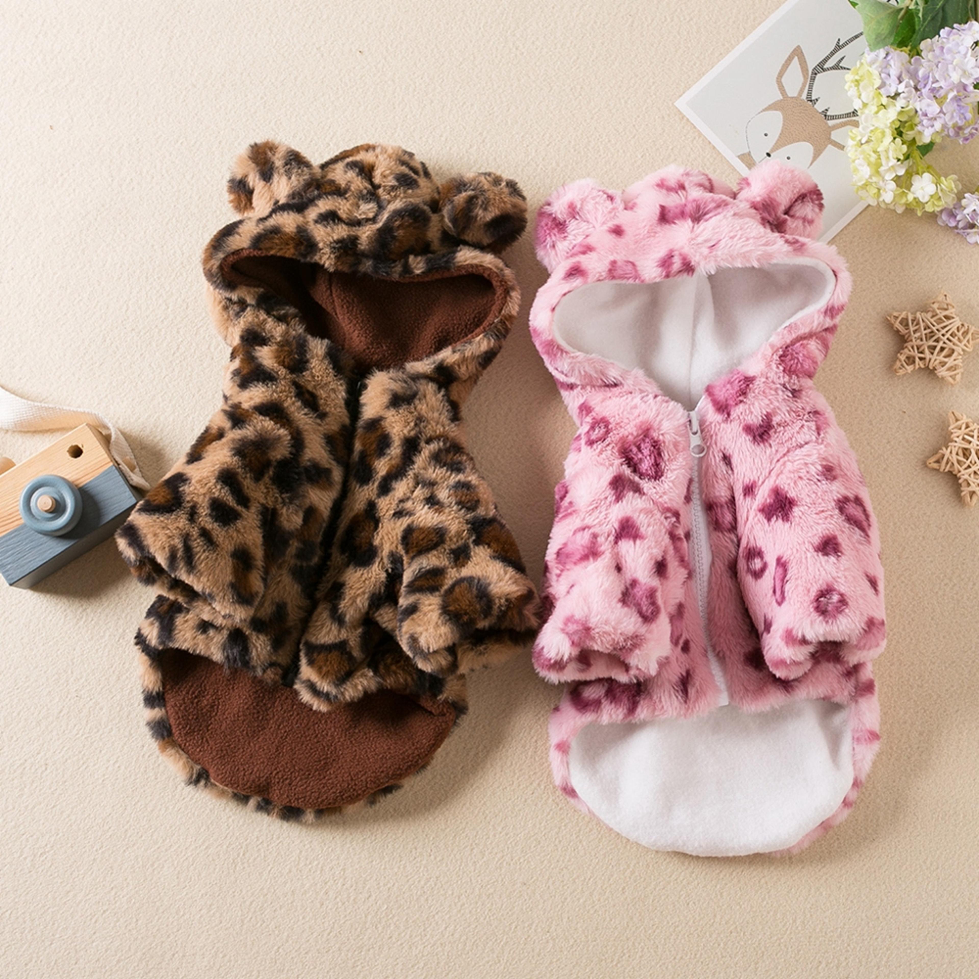 winter pet dog clothes warm fleece, dog coat jacket, leopard dog hoodie, french bulldog clothing for small dogs