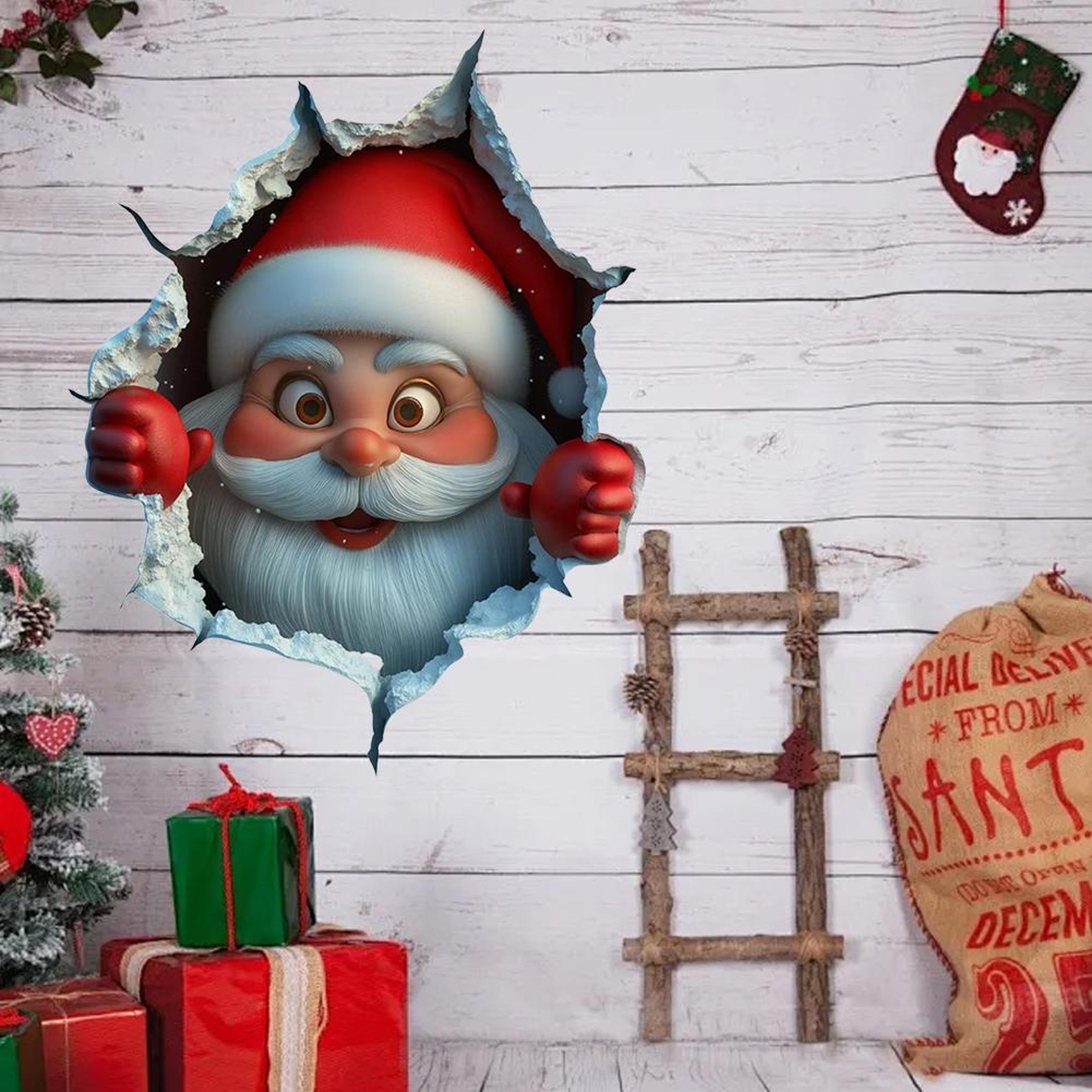 vinyl christmas wall stickers, stereo santa claus break through, removable holiday decor, home wall