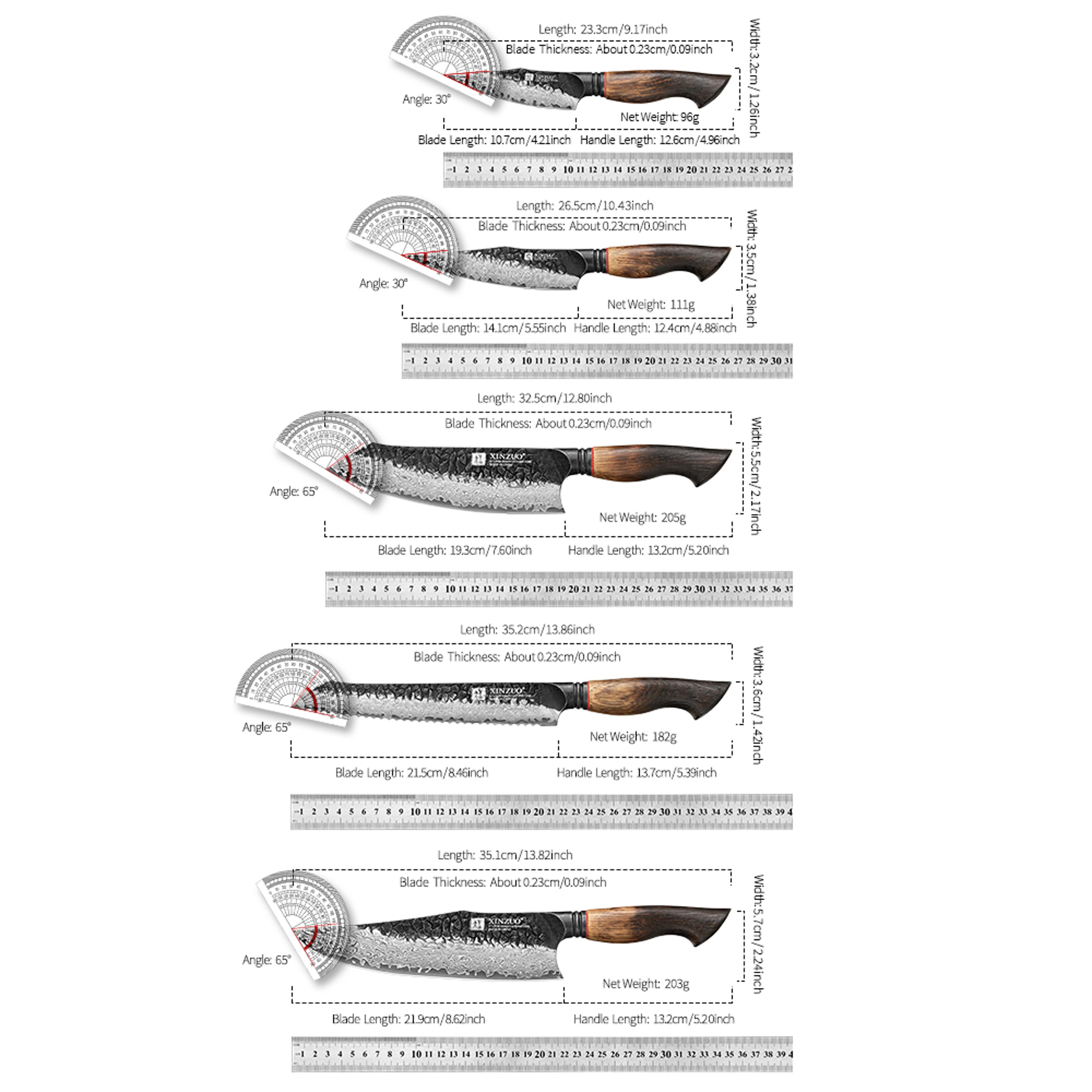Utility Santoku Chef Knife Set Oak Handles Paring Bread Knife Easy Handling And Great Grip Knives 5