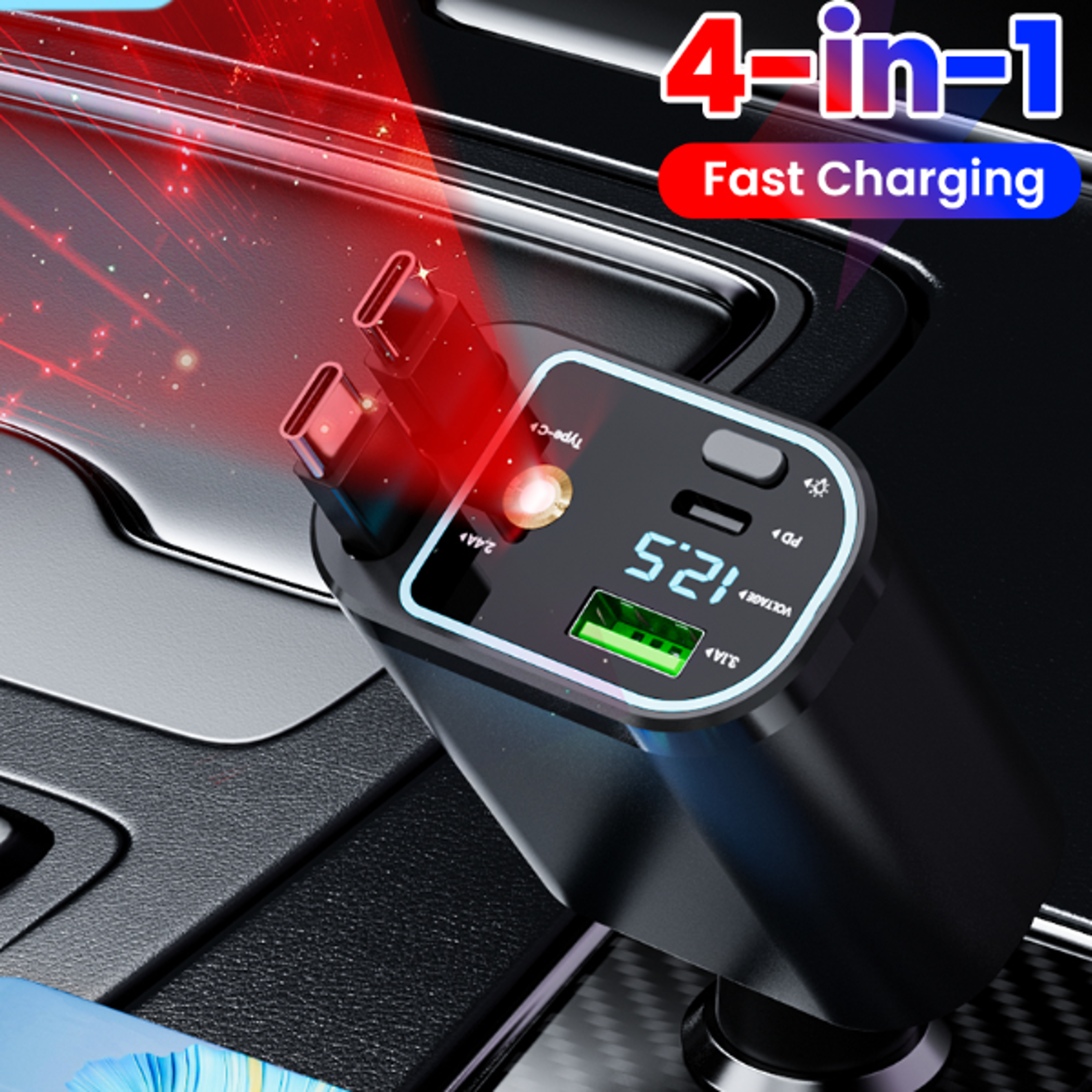 fast charging usb type c car phone charger, retractable cable for iphone, samsung with star lights