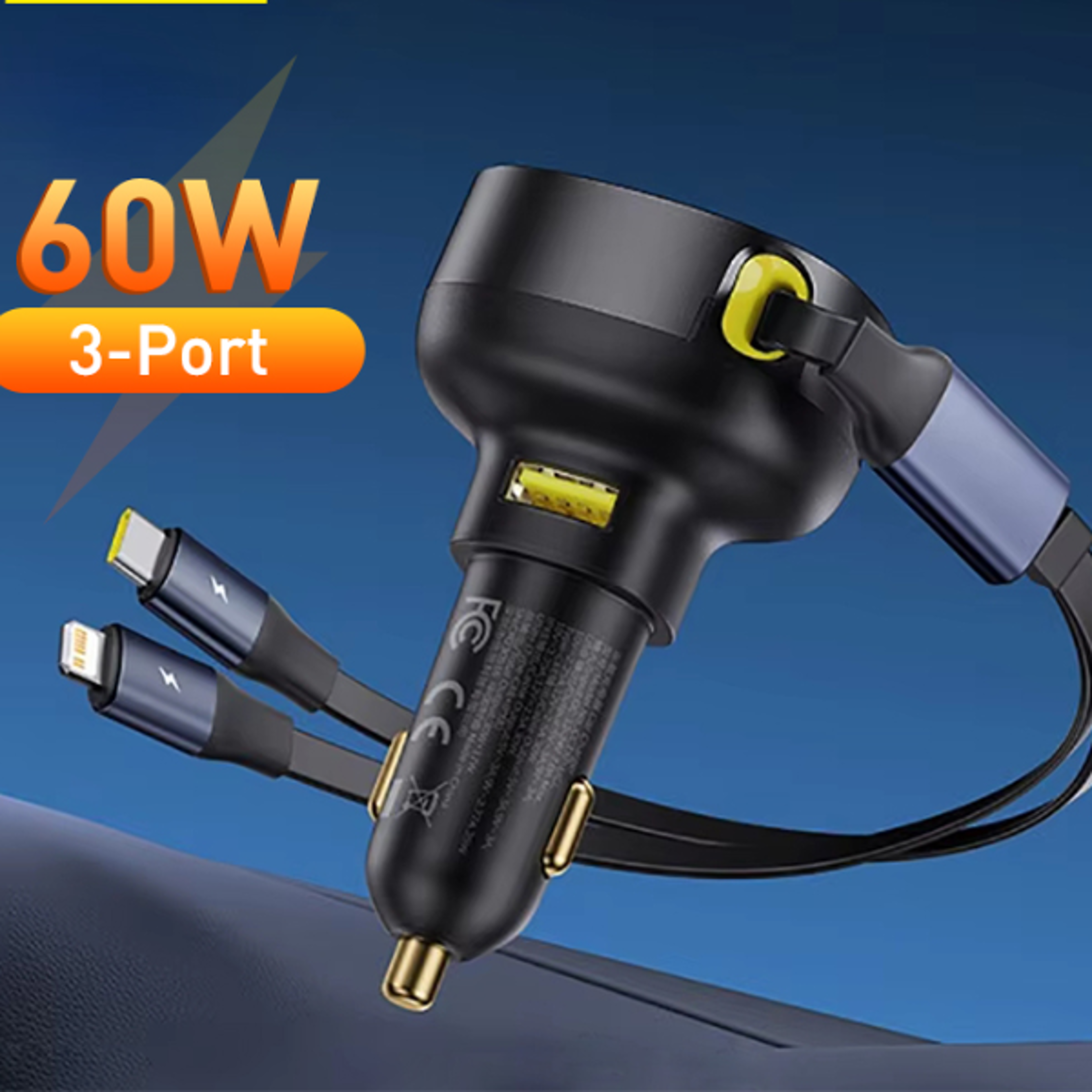 dual retractable cable car phone charger for samsung iphone xiaomi, charger type-c usb pd qc pps fast charging