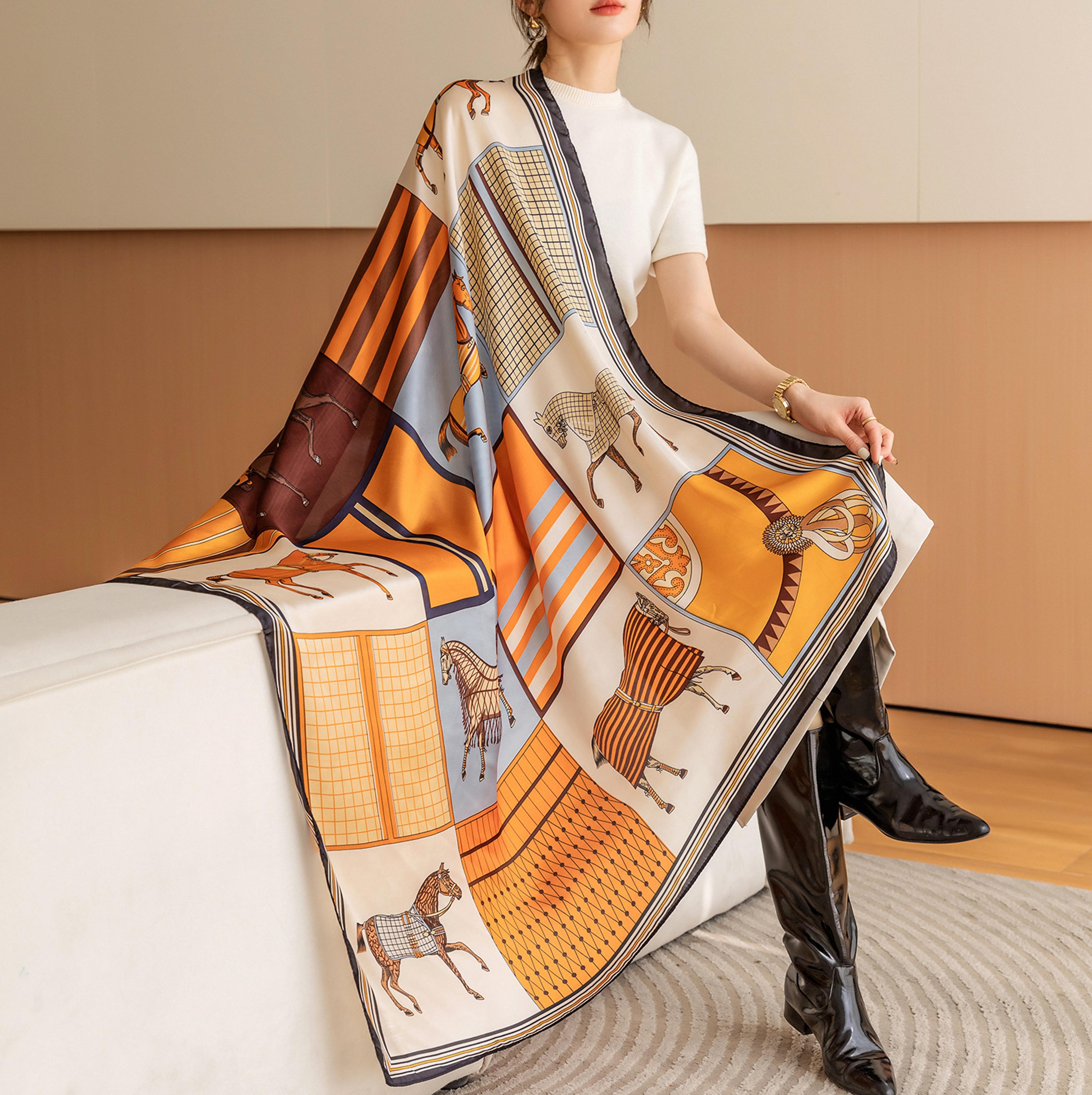 women windproof outdoor head wrap, luxury horse print square scarf, vintage imitation silk shawl