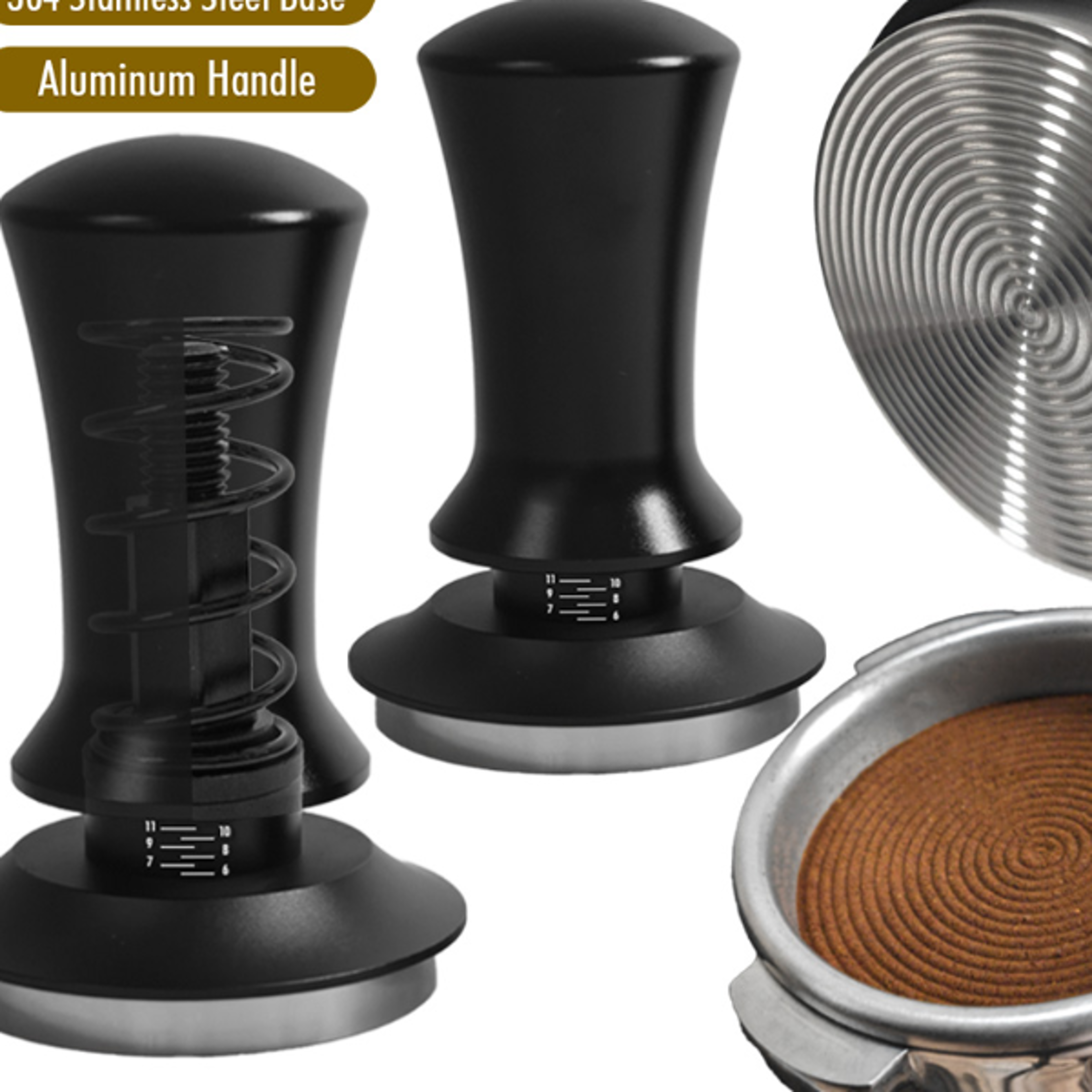 calibrated spring loaded espresso accessories, ripple base leveling constant pressure barista tools