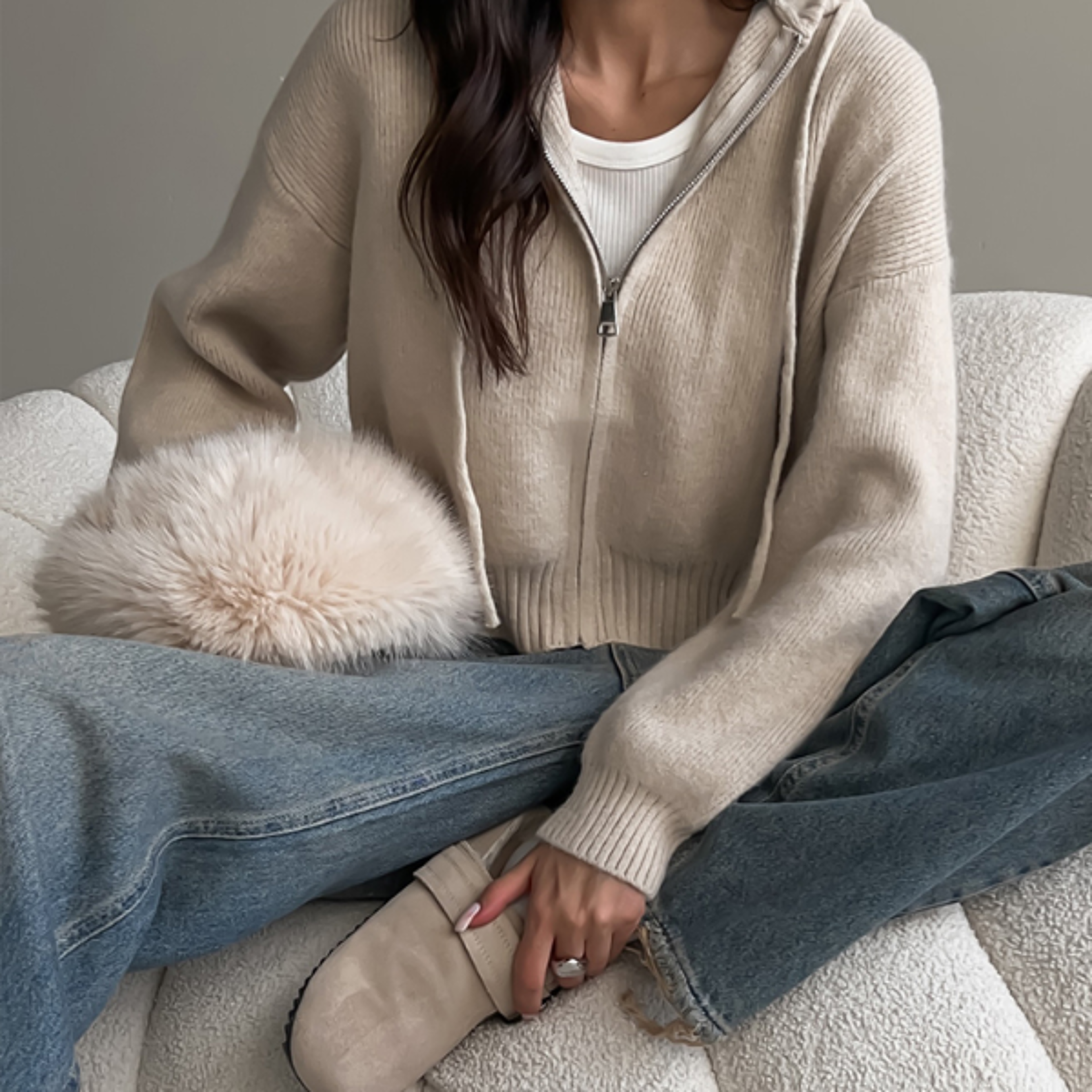 gray knitted women's short cardigan with zipper, winter sweater cute vintage, white cardigan with hood for women